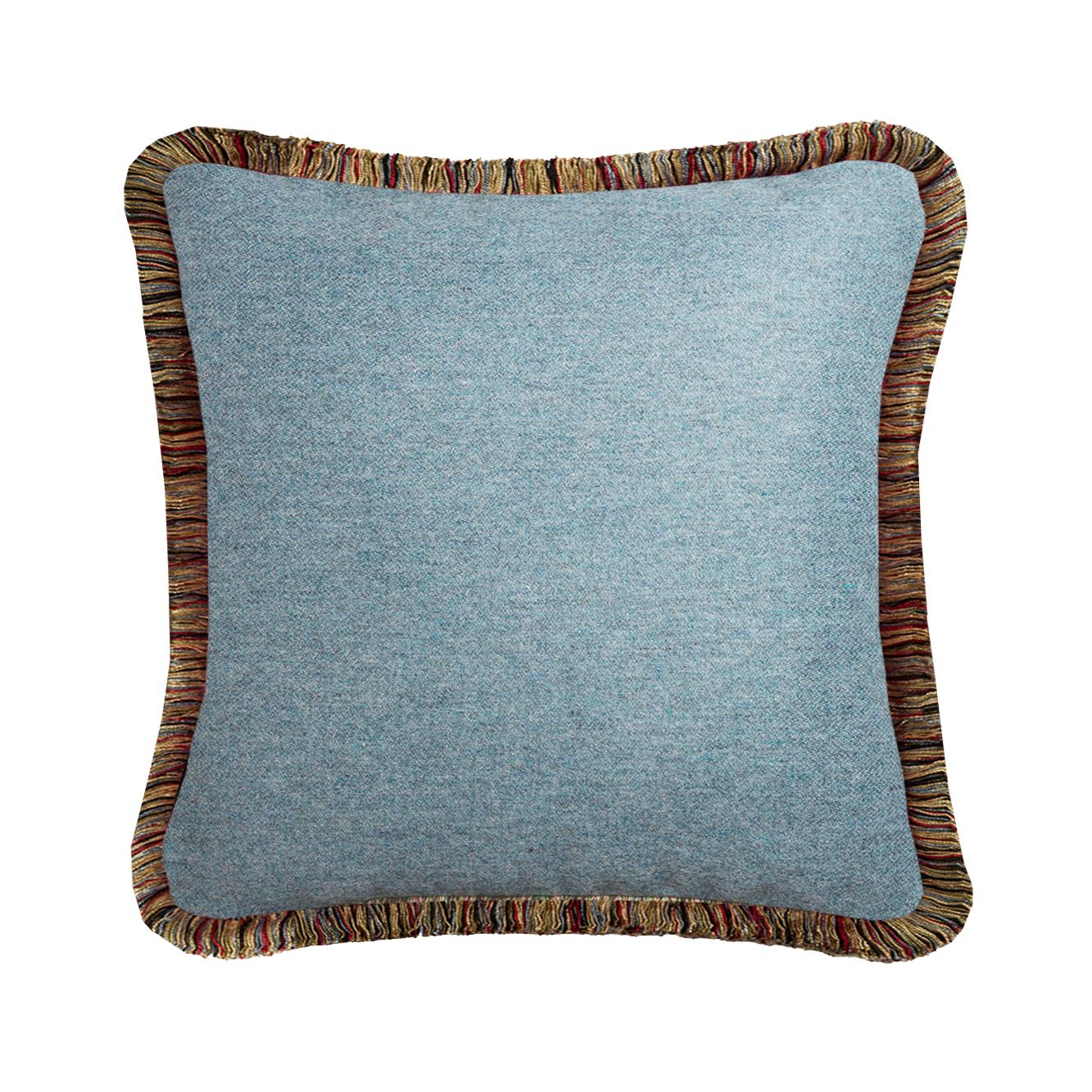 Hand-Crafted Happy Pillow MONGOLIA Wool Cushion Grey With Multicolor Fringes For Sale