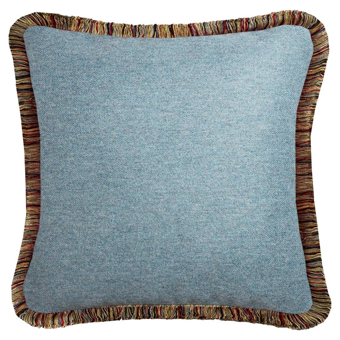 Happy Pillow Mongolia Wool Cushion Light Blue with Multicolor Fringes For Sale