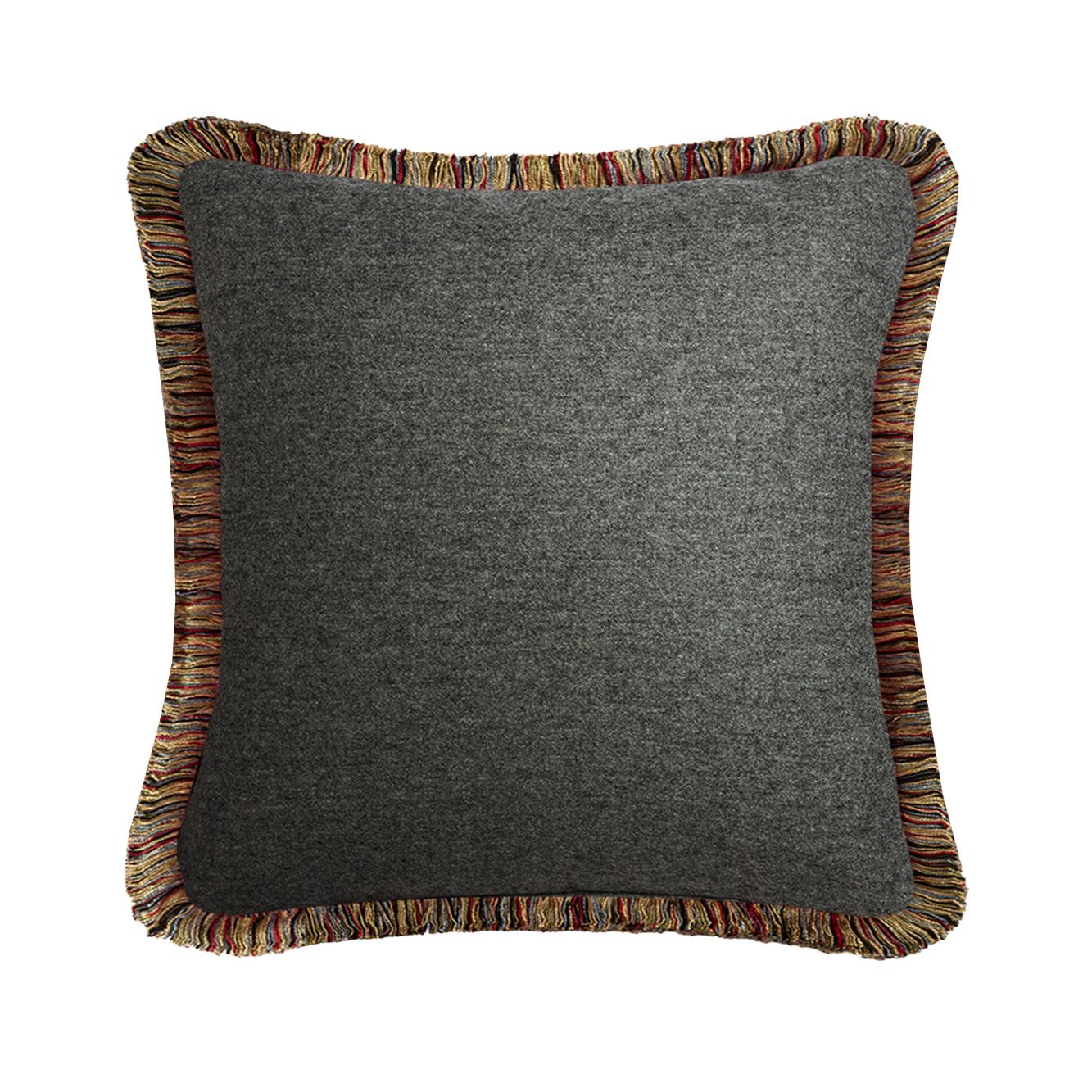 Contemporary Happy Pillow MONGOLIA Wool Cushion Mustard With Multicolor Fringes For Sale