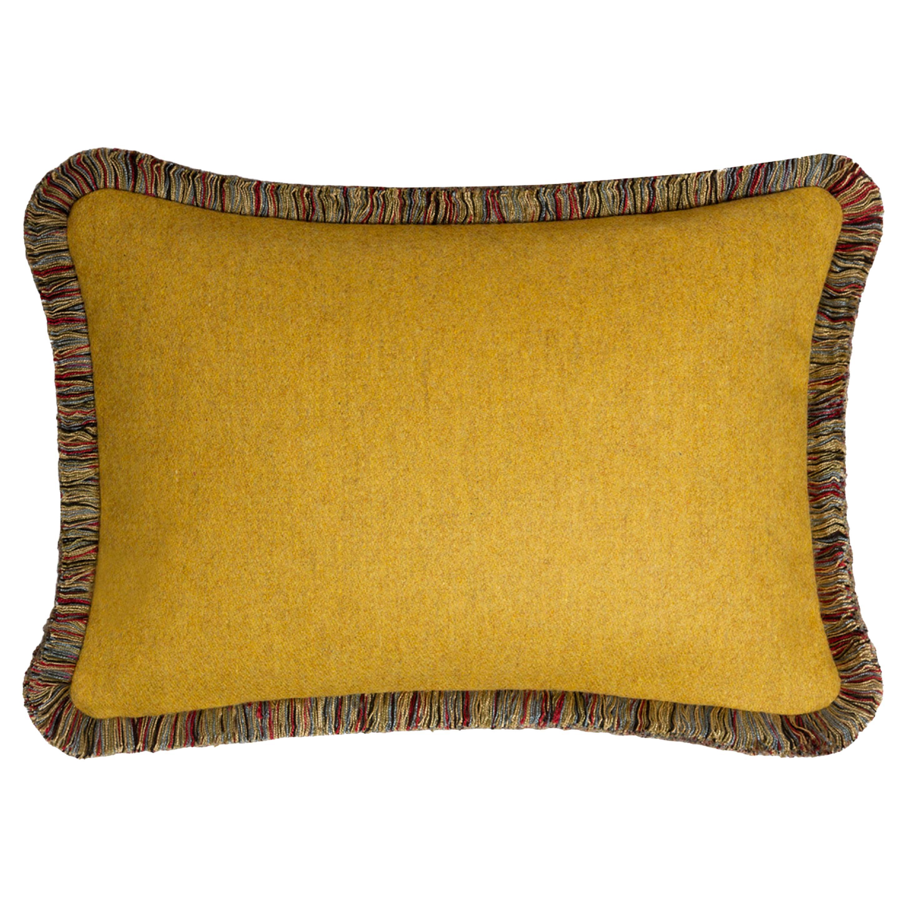 Happy Pillow MONGOLIA Wool Cushion Mustard With Multicolor Fringes For Sale