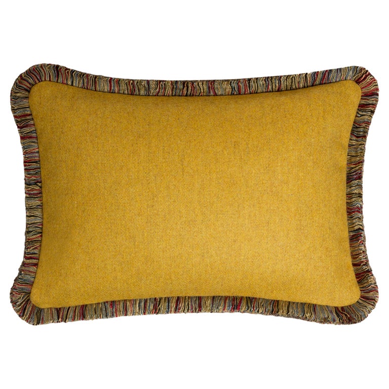 Happy Pillow MONGOLIA Wool Cushion Mustard With Multicolor Fringes For