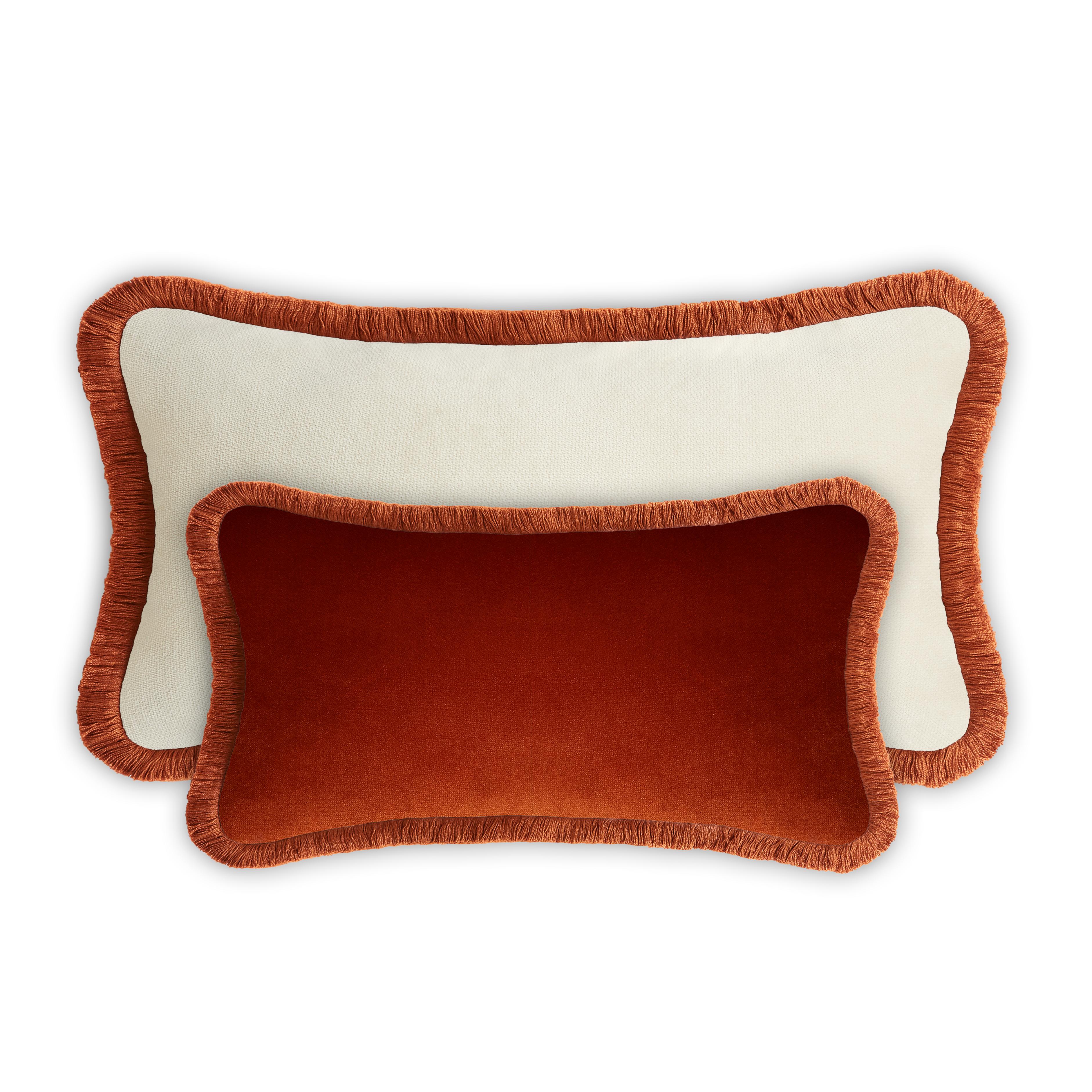 Modern Happy Pillow Rectangle Brick Velvet with Brick Fringes For Sale