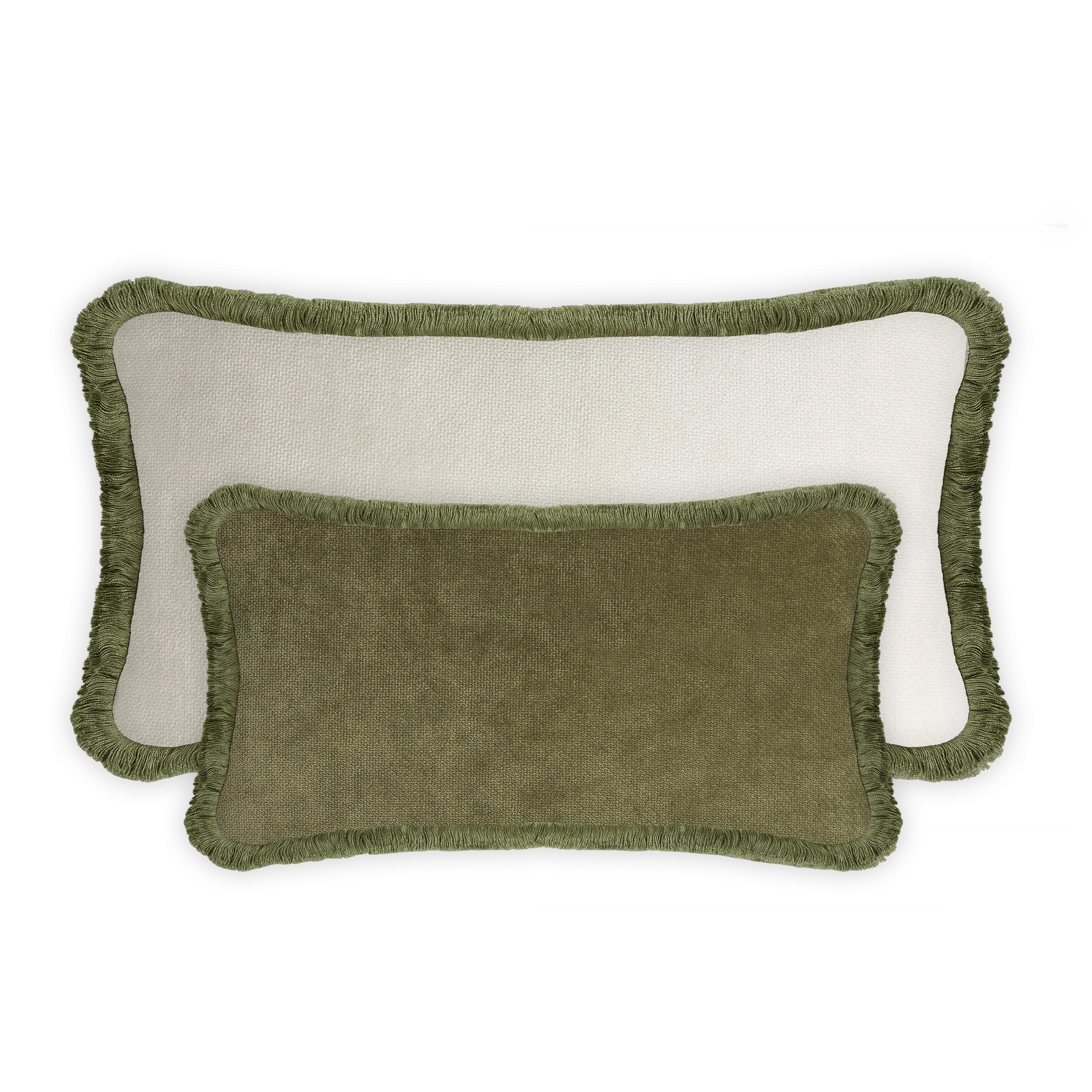 Modern Happy Pillow Rectangle Green Velvet with Green Fringes For Sale