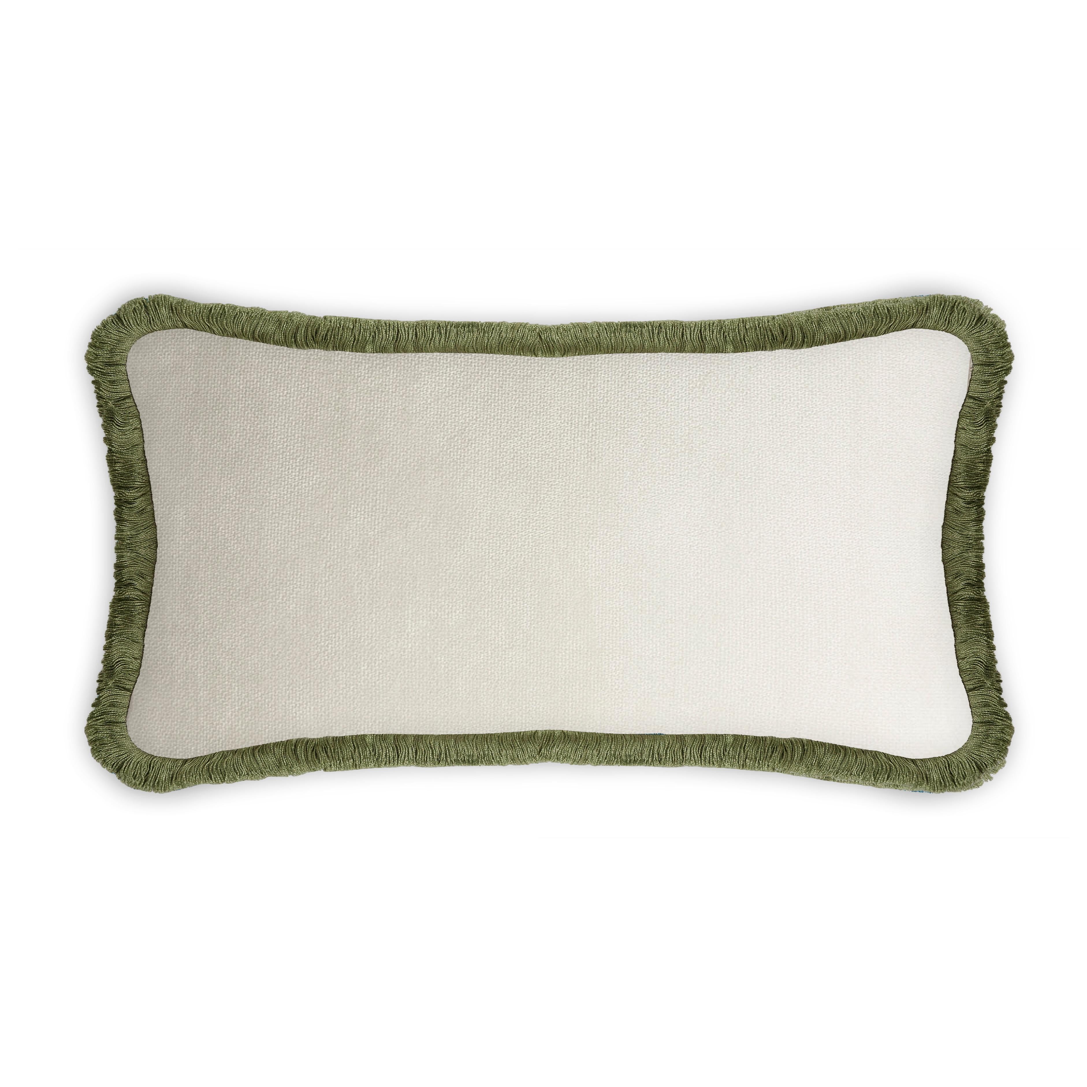 Italian Happy Pillow Rectangle Green Velvet with Green Fringes For Sale