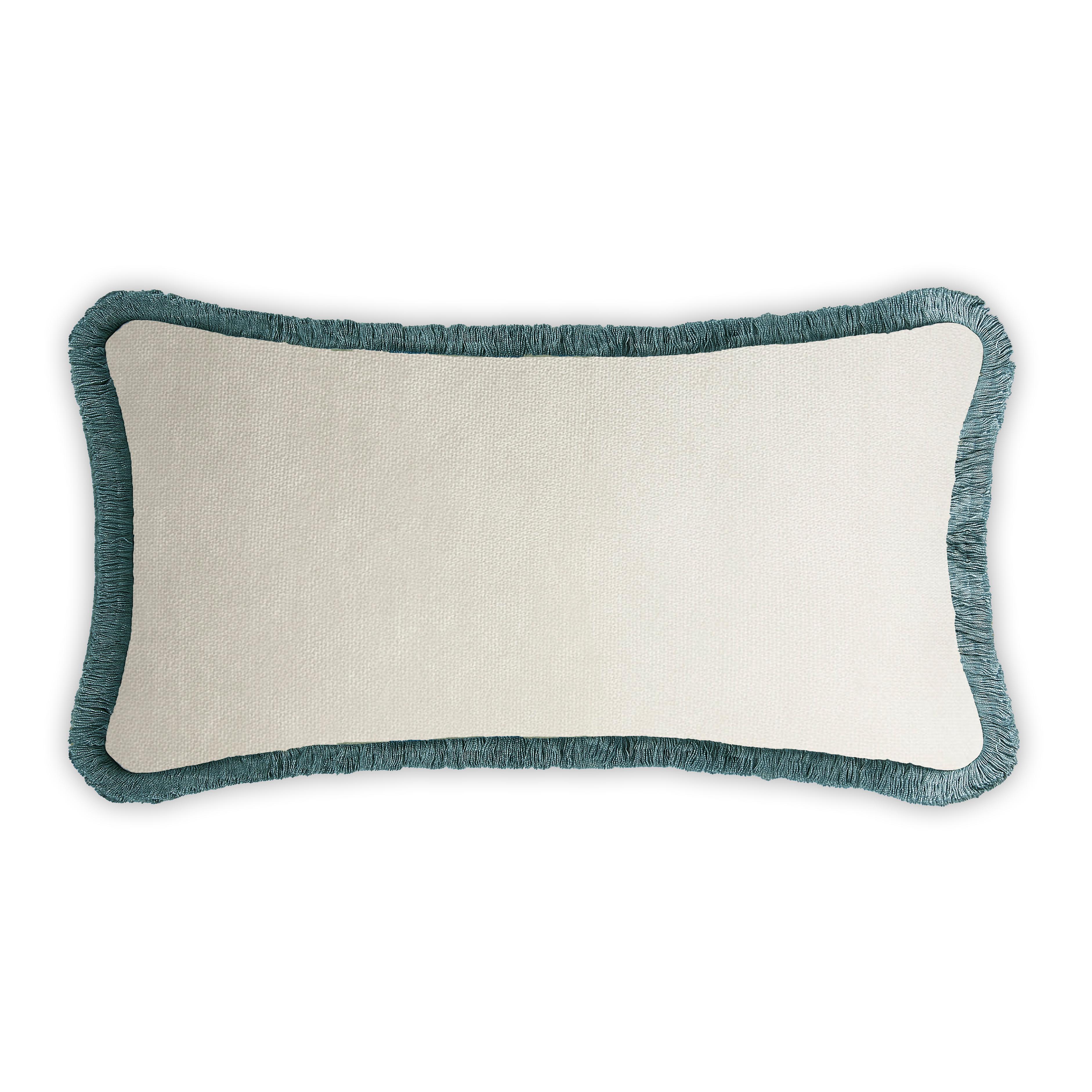 Italian Happy Pillow Rectangle Teal Velvet with Teal Fringes For Sale