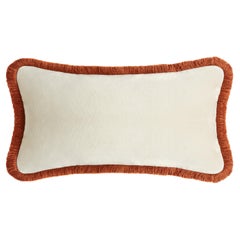 Happy Pillow Rectangle White Velvet with Brick Fringes