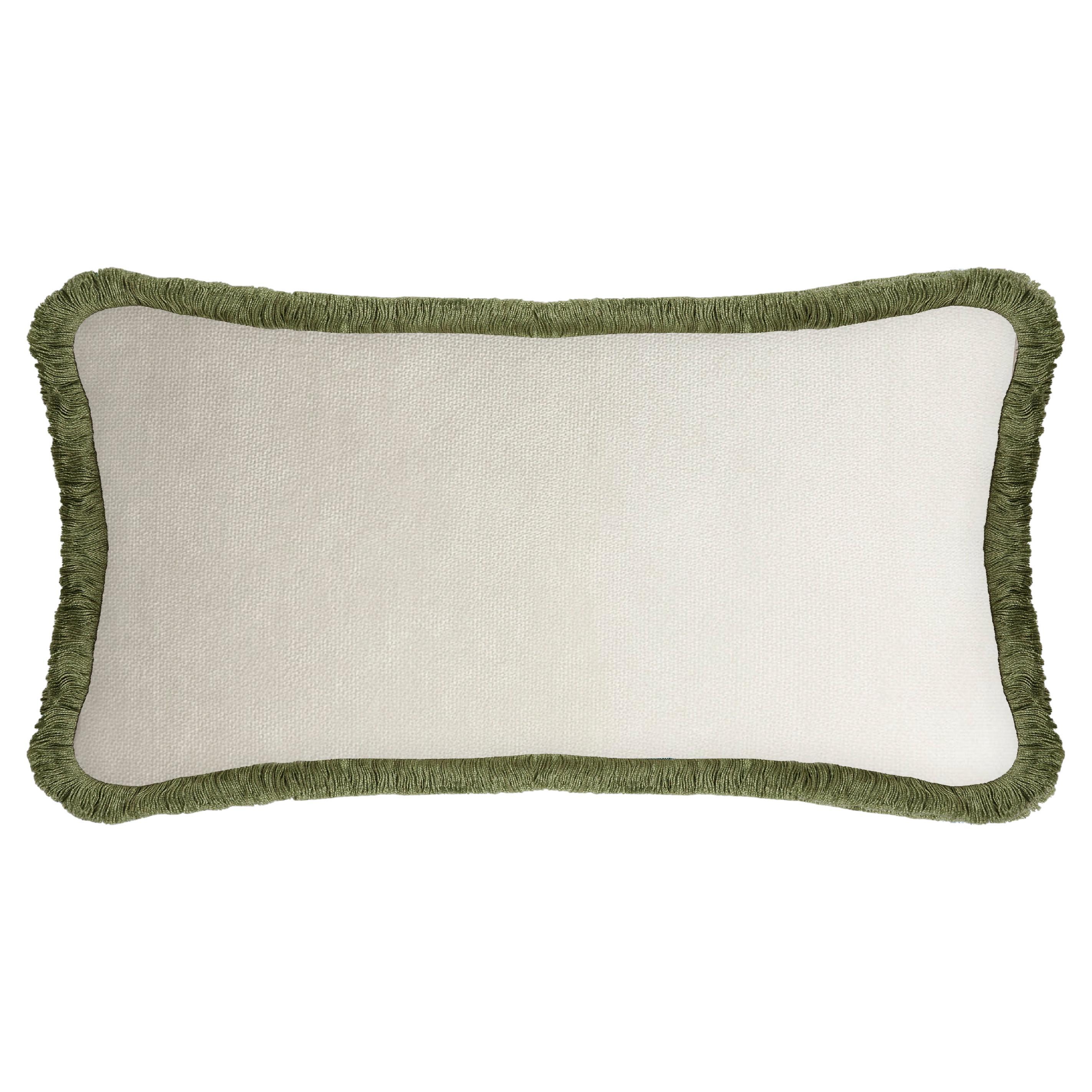 Happy Pillow Rectangle White Velvet with Green Fringes For Sale