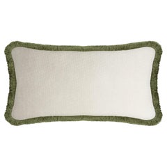 Happy Pillow Rectangle White Velvet with Green Fringes