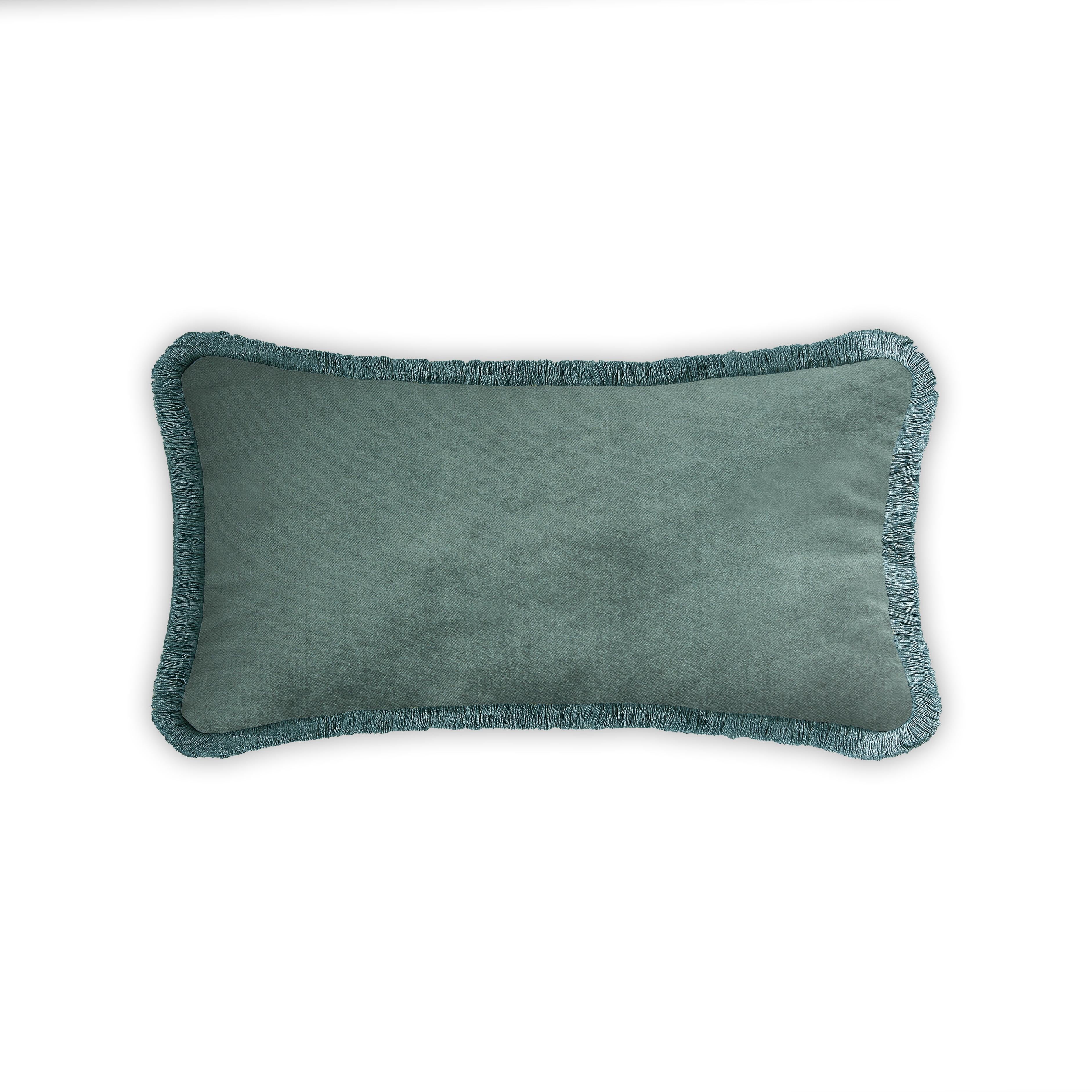 Happy Pillow Rectangle Weißer Samt mit blaugrünen Fransen (Italienisch) im Angebot