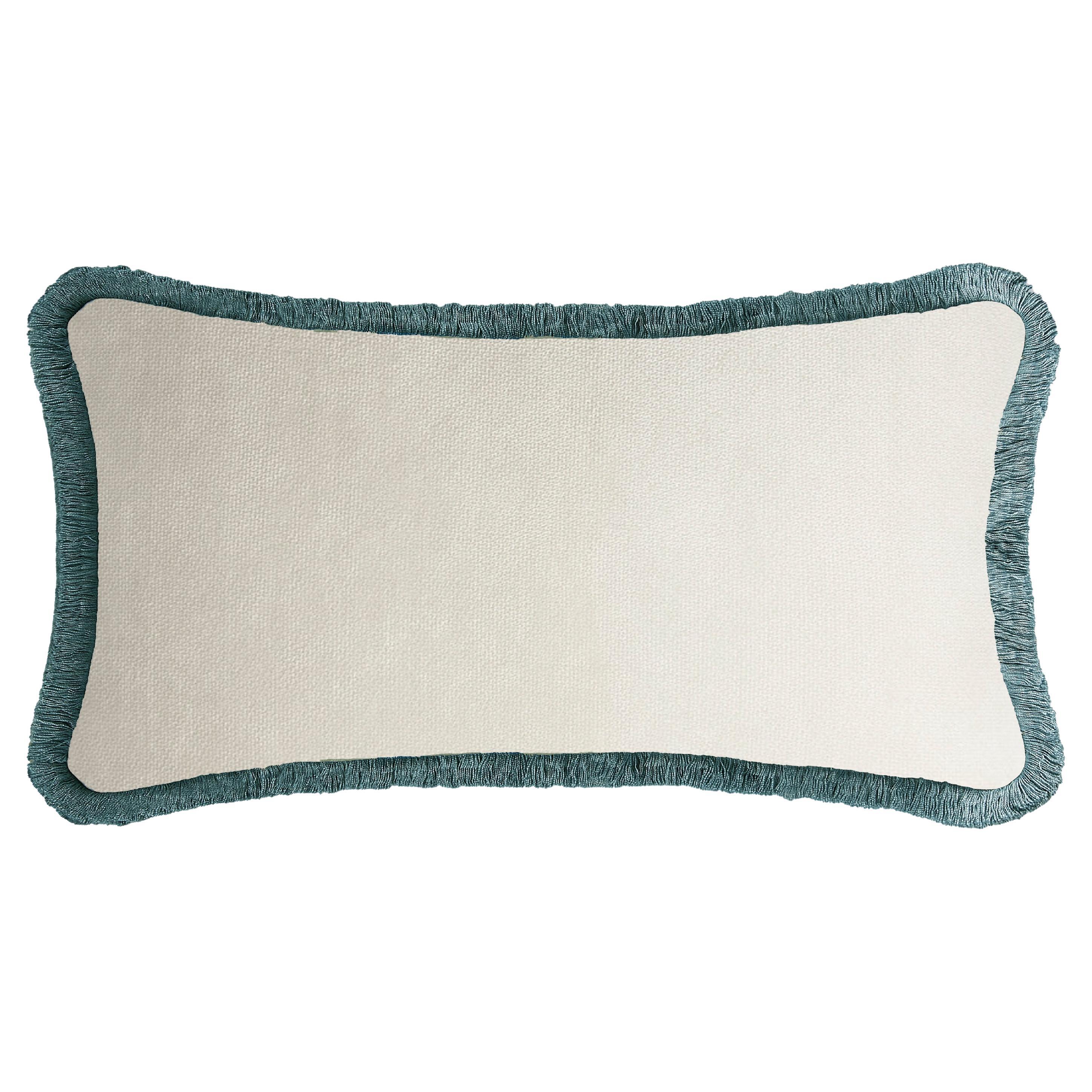 Happy Pillow Rectangle White Velvet with Teal Fringes For Sale
