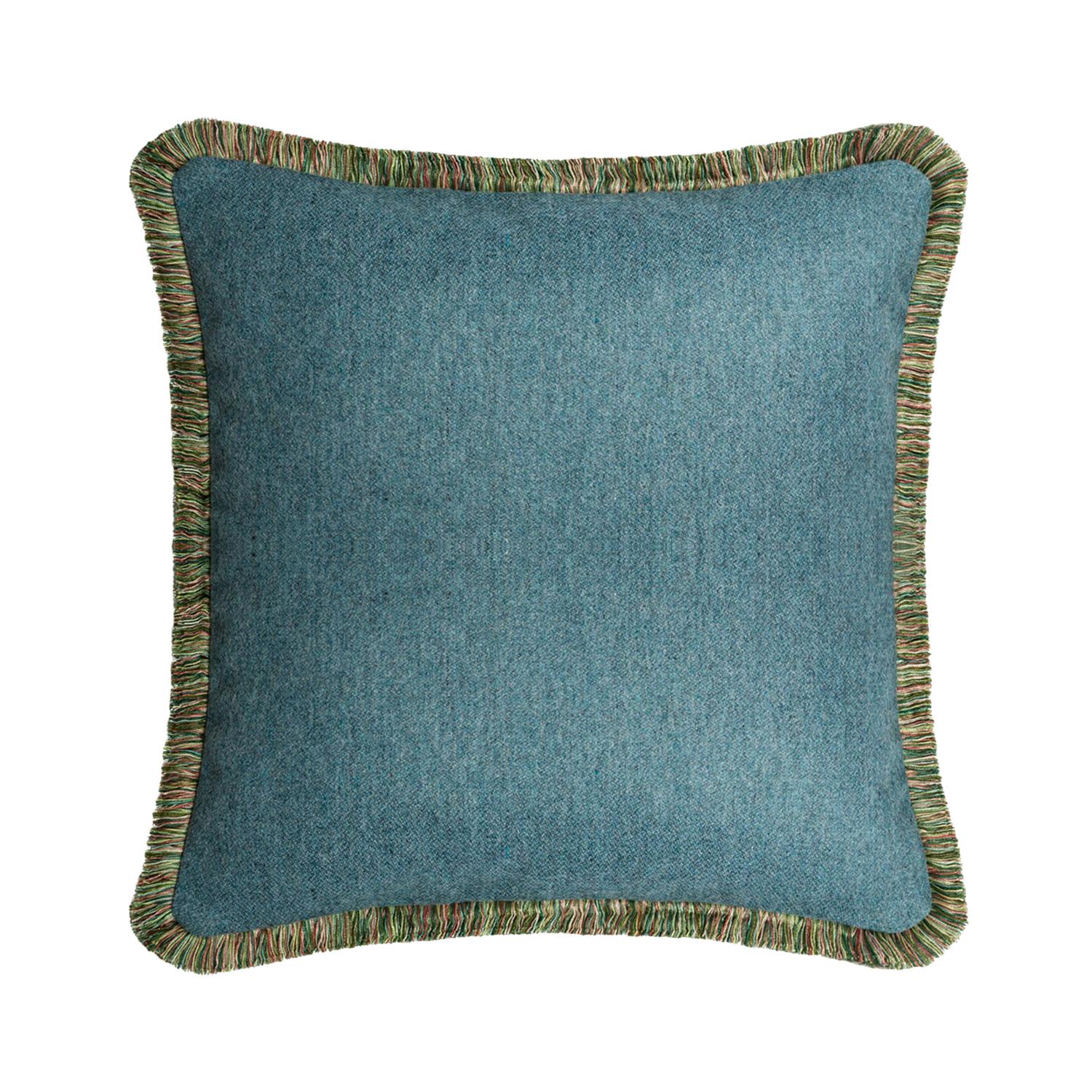 Modern Happy Pillow Svezia Wool Cushion Green with Multicolor Fringes For Sale