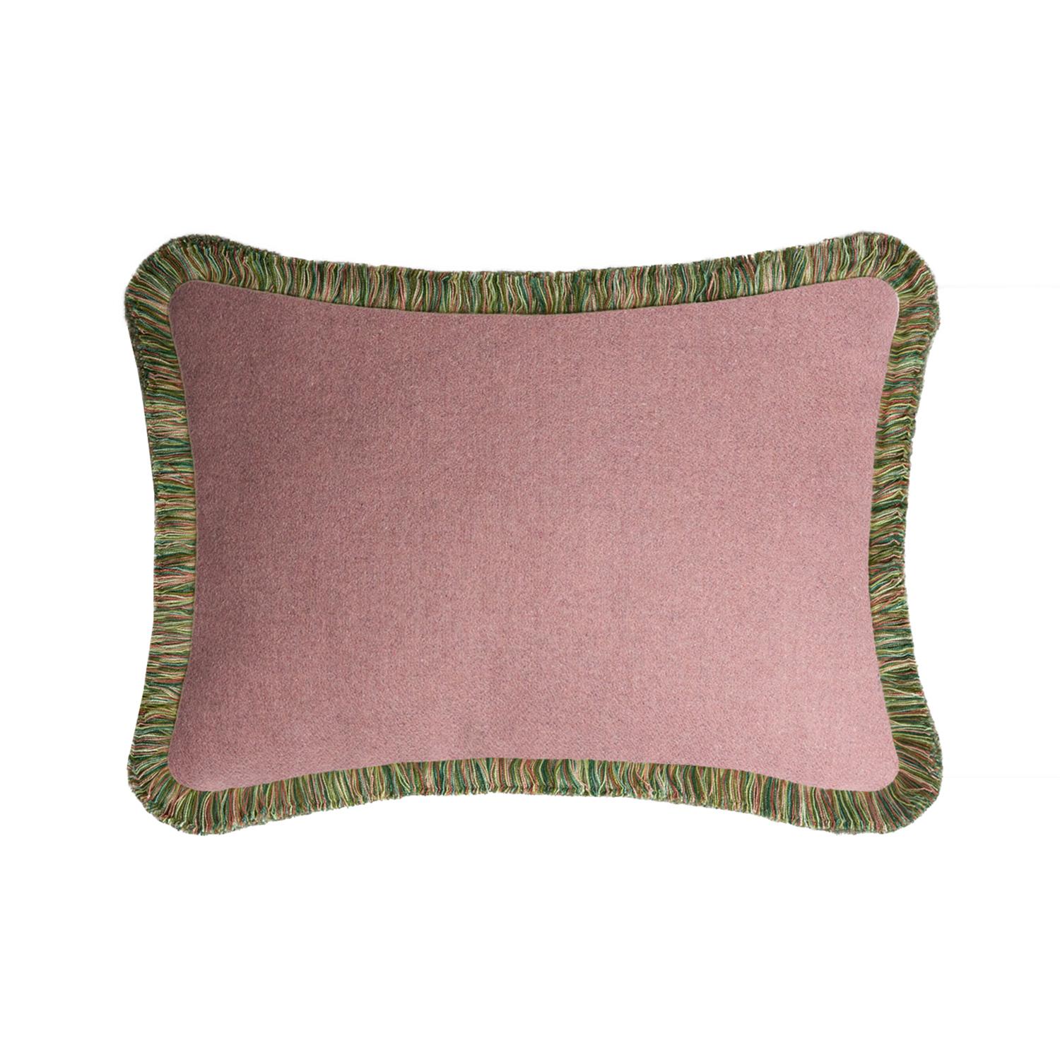 Hand-Crafted Happy Pillow Svezia Wool Cushion Green with Multicolor Fringes For Sale