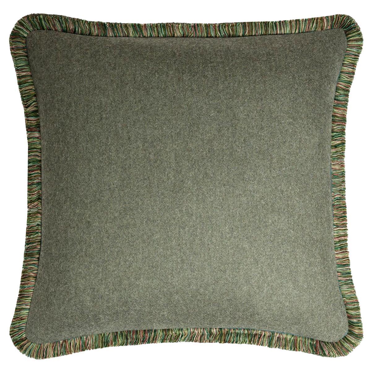 Happy Pillow Svezia Wool Cushion Green with Multicolor Fringes For Sale