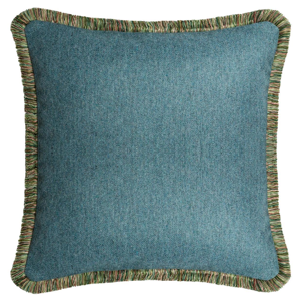 Happy Pillow Svezia Wool Cushion Light Blue with Multicolor Fringes For Sale