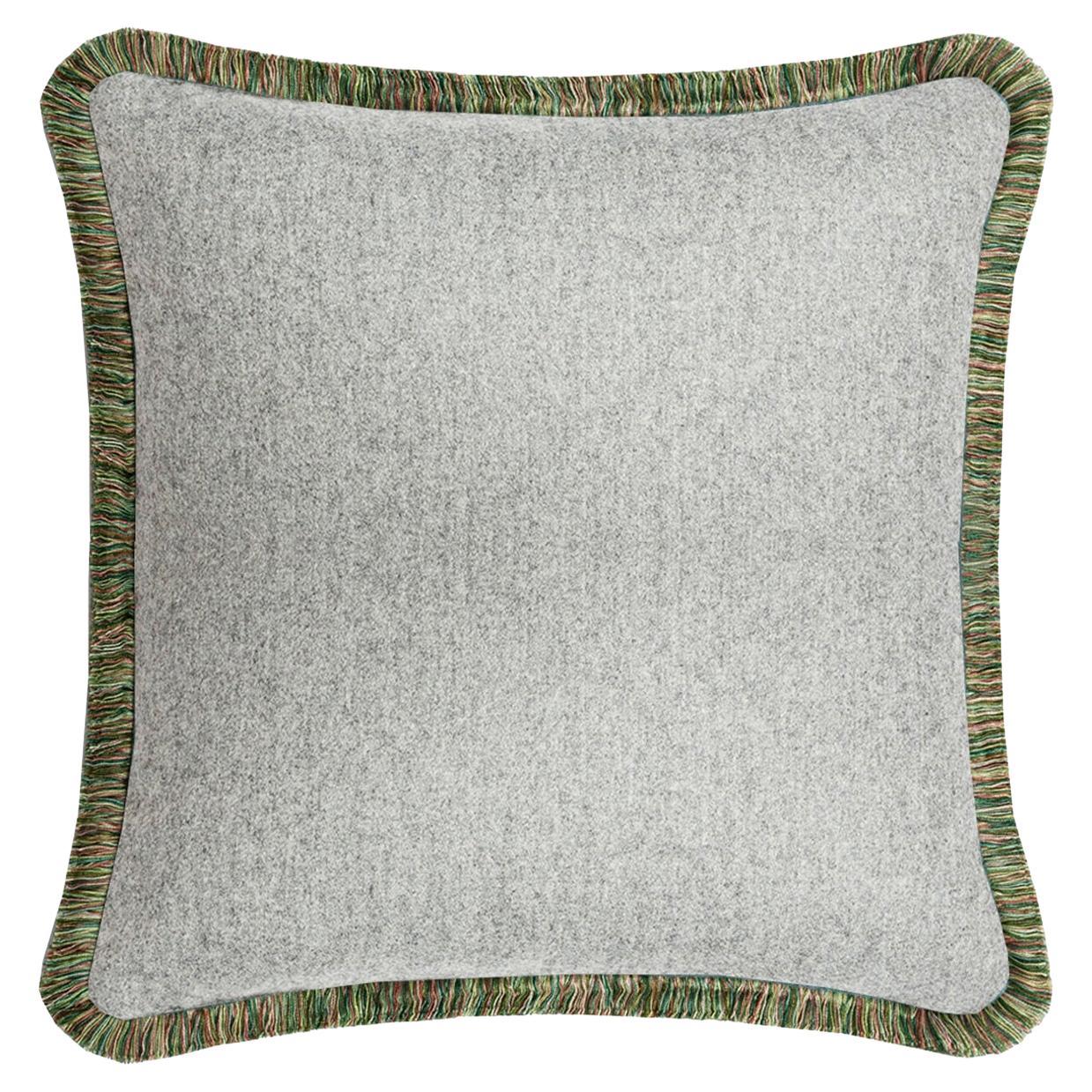 Happy Pillow Svezia Wool Cushion Light Grey with Multicolor Fringes For Sale