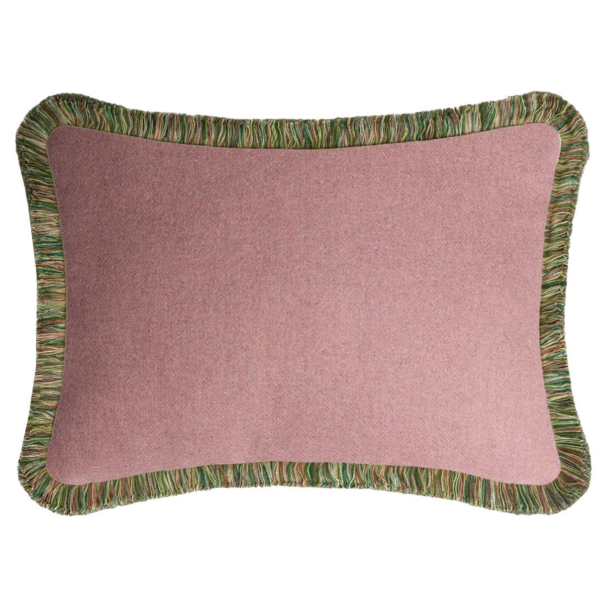 Happy Pillow Svezia Wool Cushion Pink with Multicolor Fringes For Sale