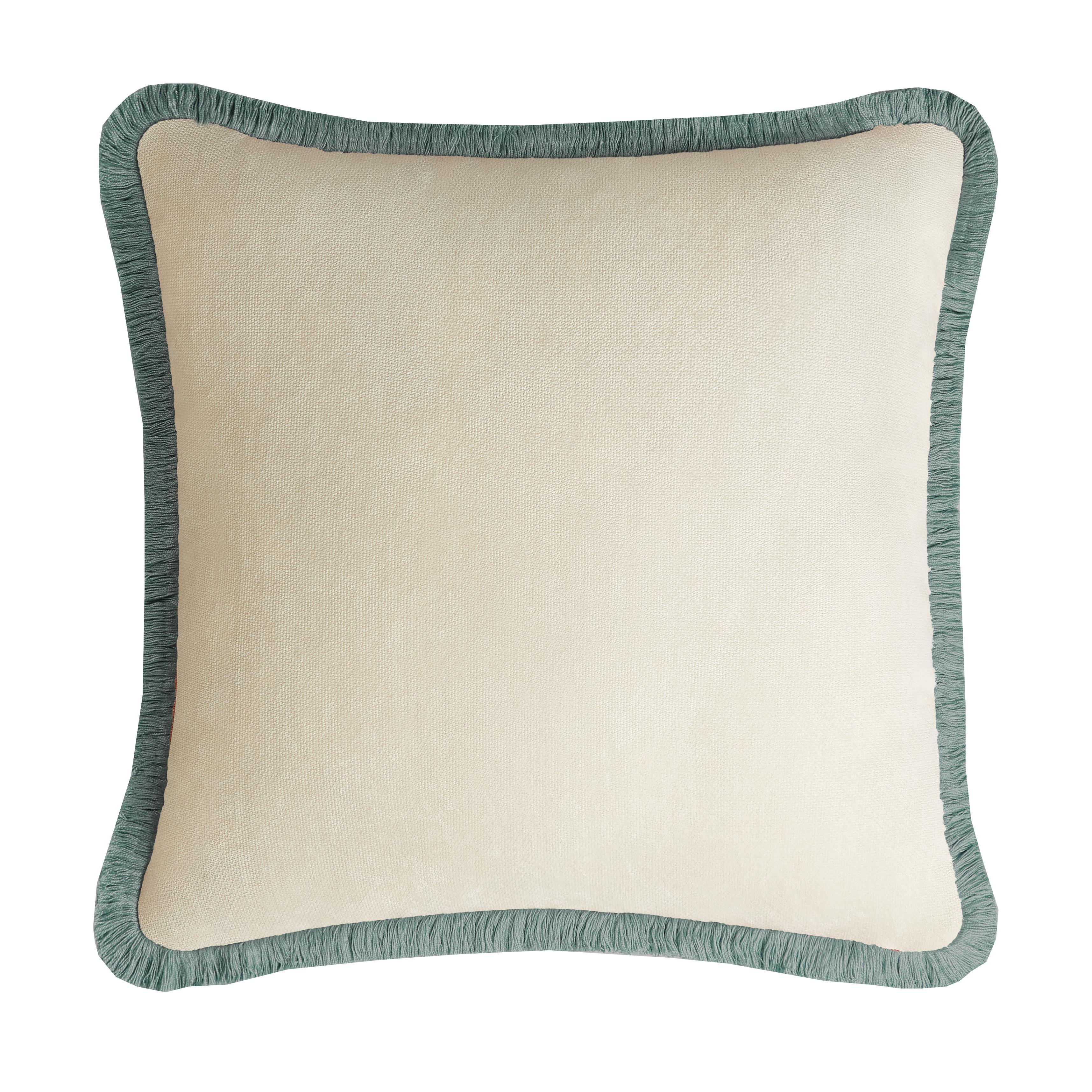 Happy Pillow Teal Samt mit tealfarbenen Fransen (Italienisch) im Angebot