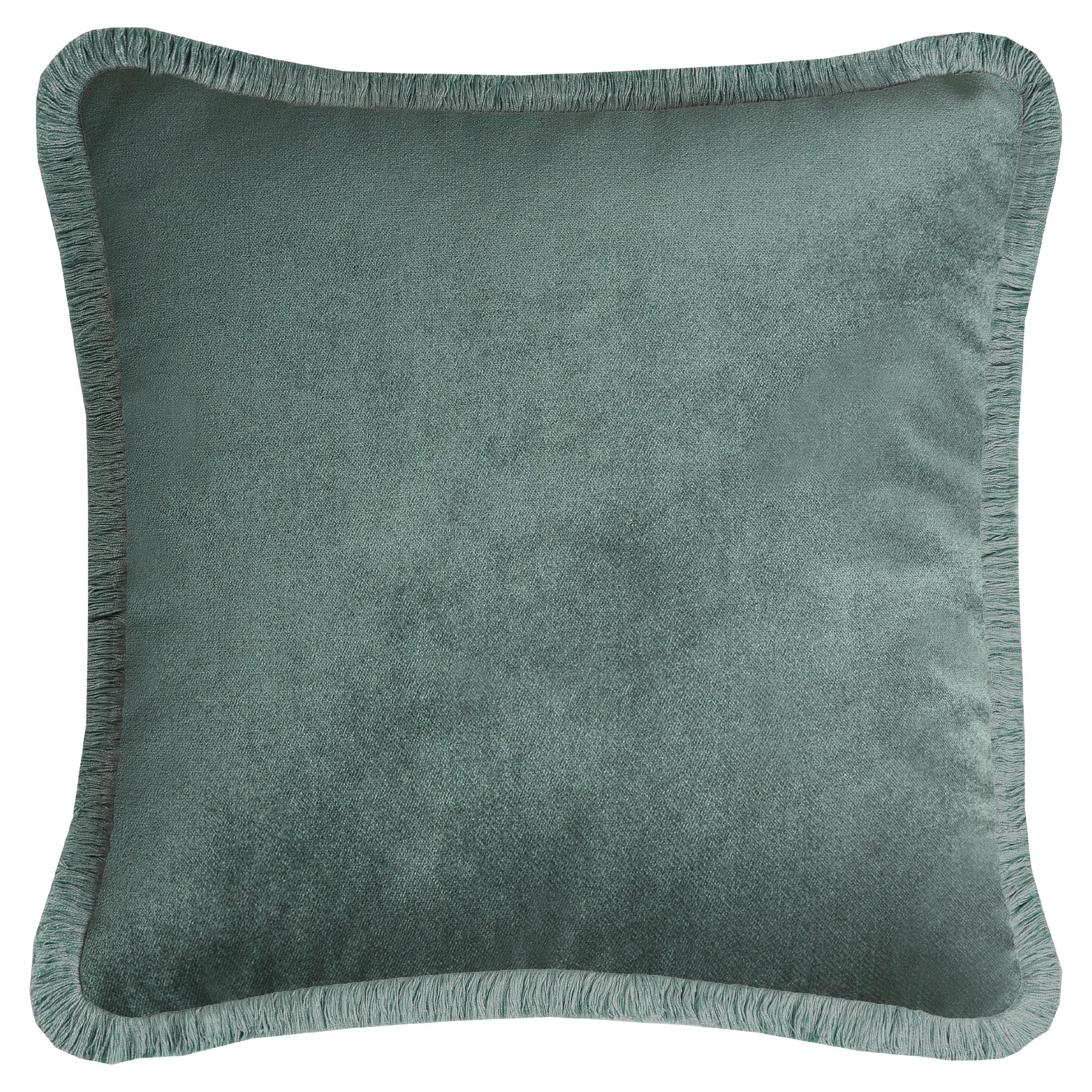 Happy Pillow Teal Velvet with Teal Fringes For Sale