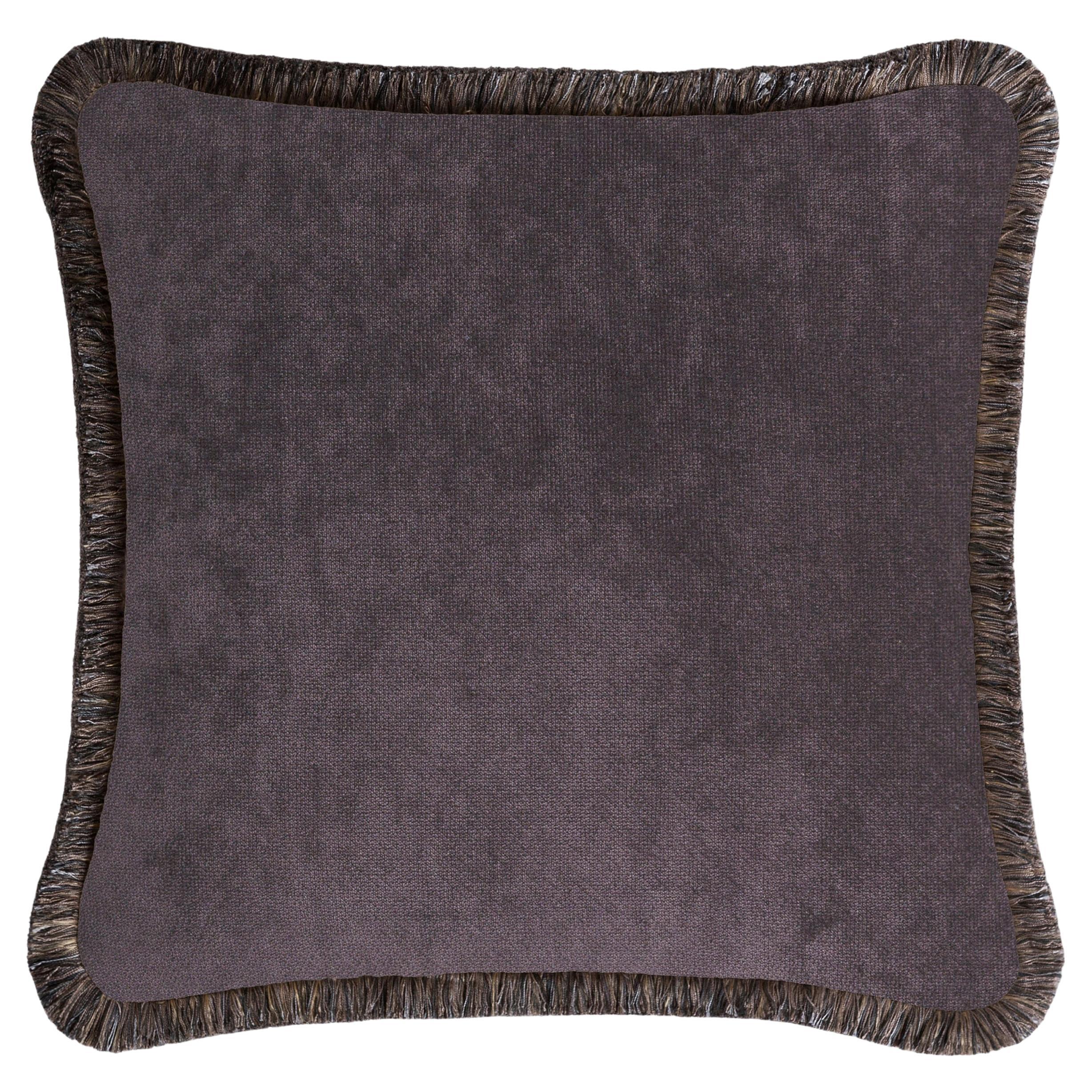 Happy Pillow Velvet Anthracite Neutral with Multicolor Fringes For Sale