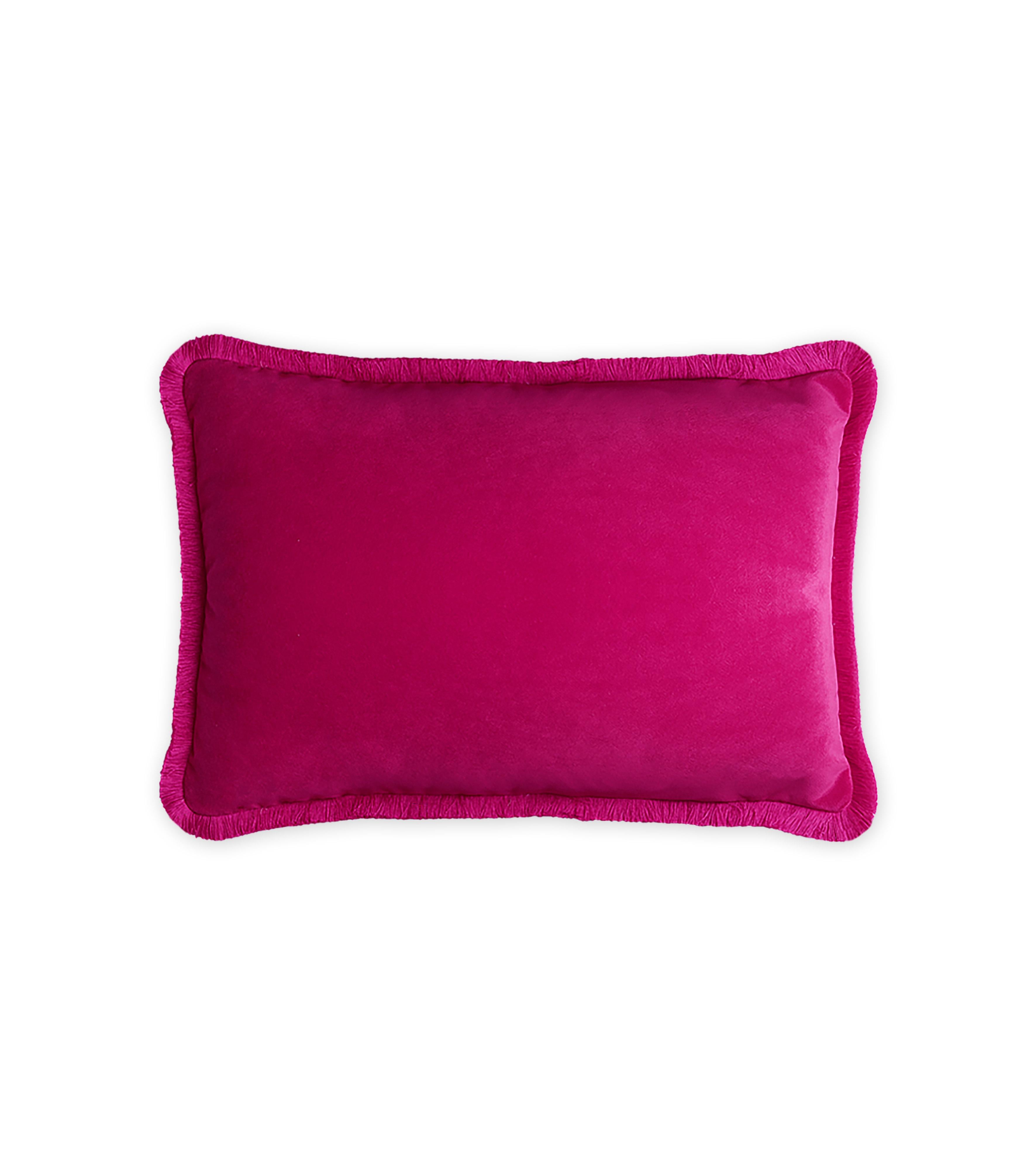 Hand-Crafted Happy Pillow Velvet Fuchsia with Fringes For Sale