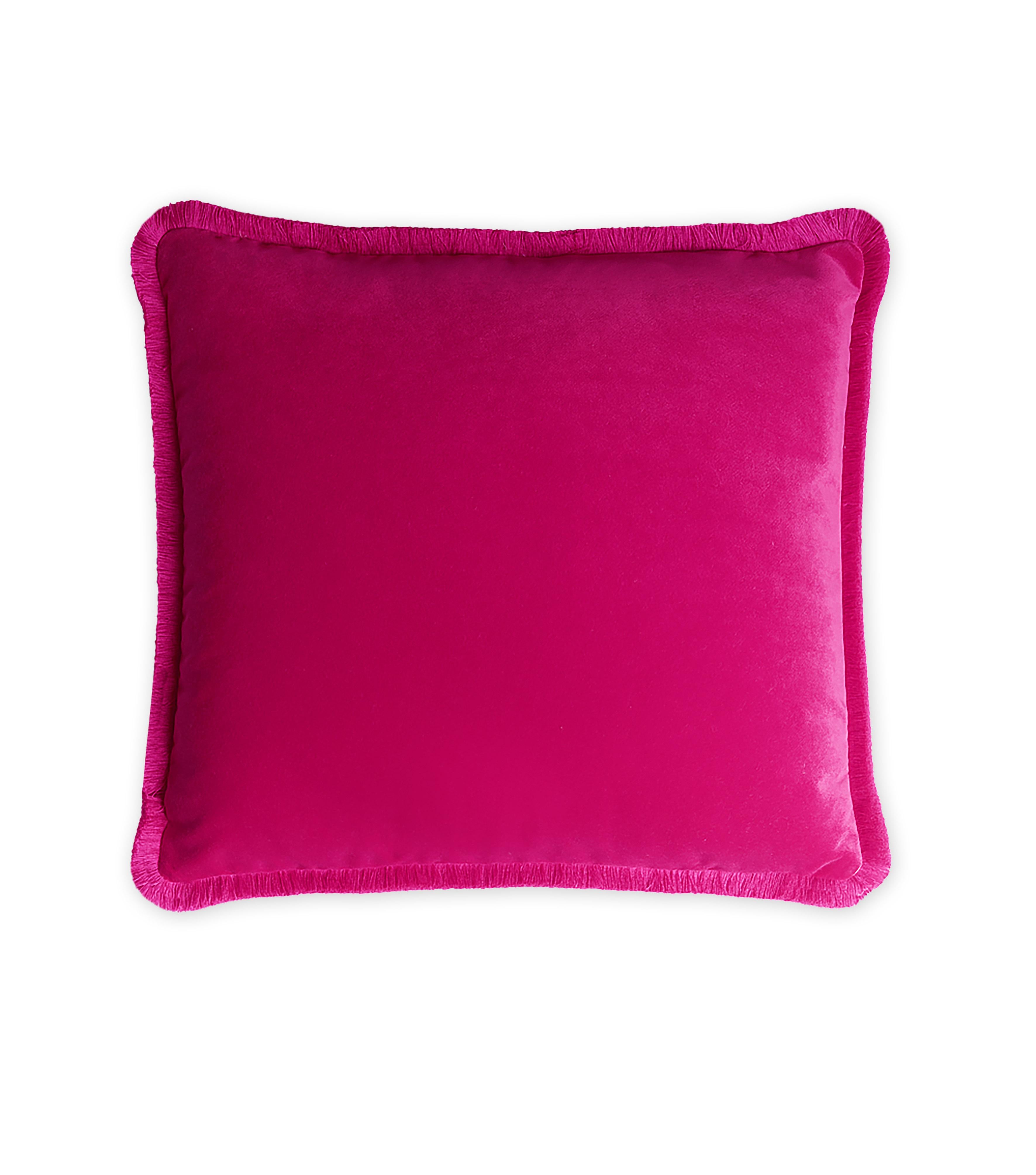 Italian Happy Pillow Velvet Fuchsia with Fringes  Small For Sale