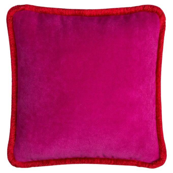 Happy Pillow Velvet Fuchsia with Red Fringes For Sale