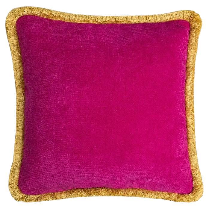 Happy Pillow Velvet Fuchsia with Yellow Fringes For Sale