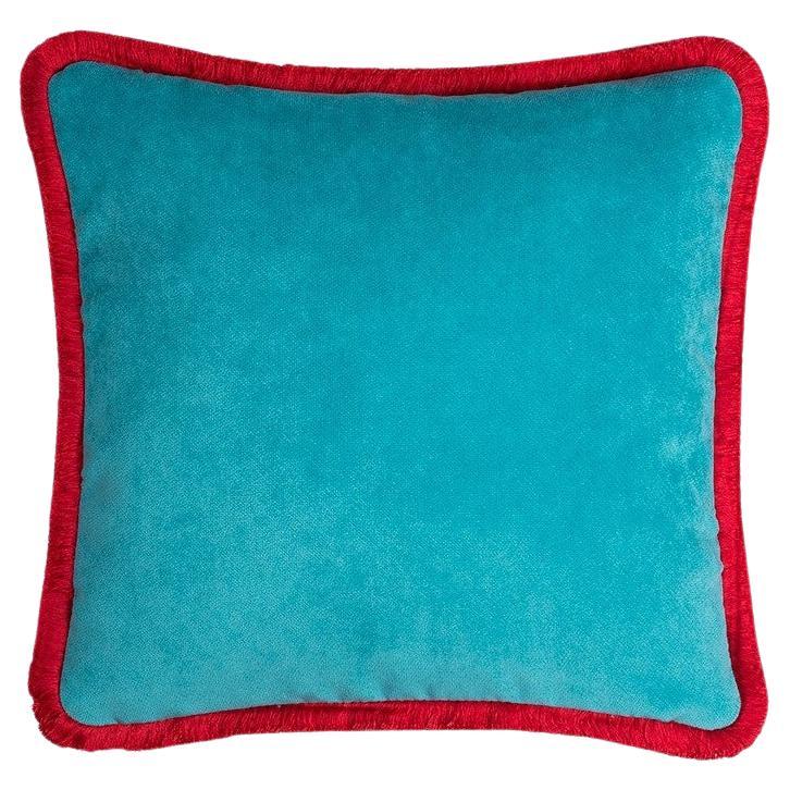 Happy Pillow Velvet Light Blue with Red Fringes For Sale