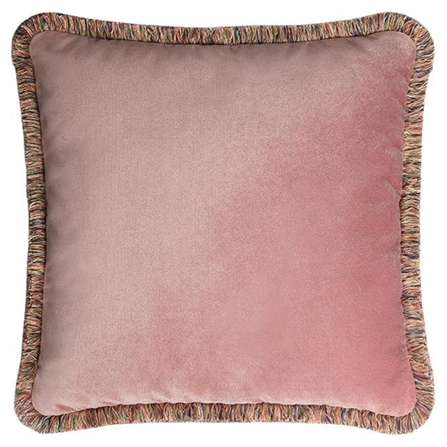 Happy Pillow Velvet Pink with Pink Multicolour Fringes For Sale
