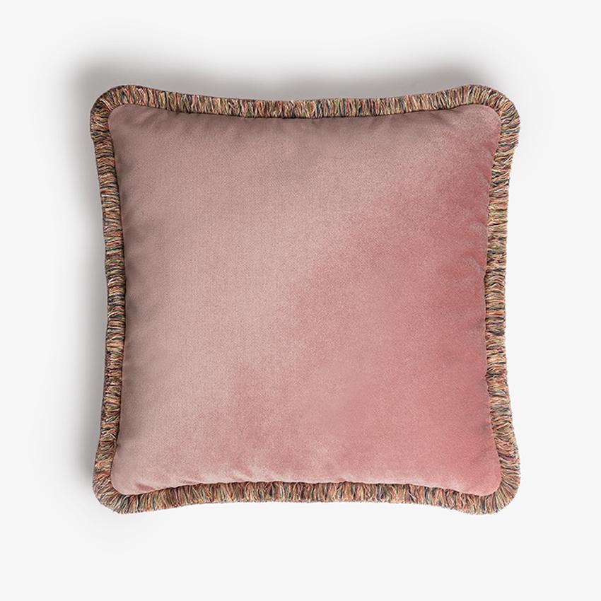 Modern Happy Pillow Velvet Teal with Teal Fringes For Sale