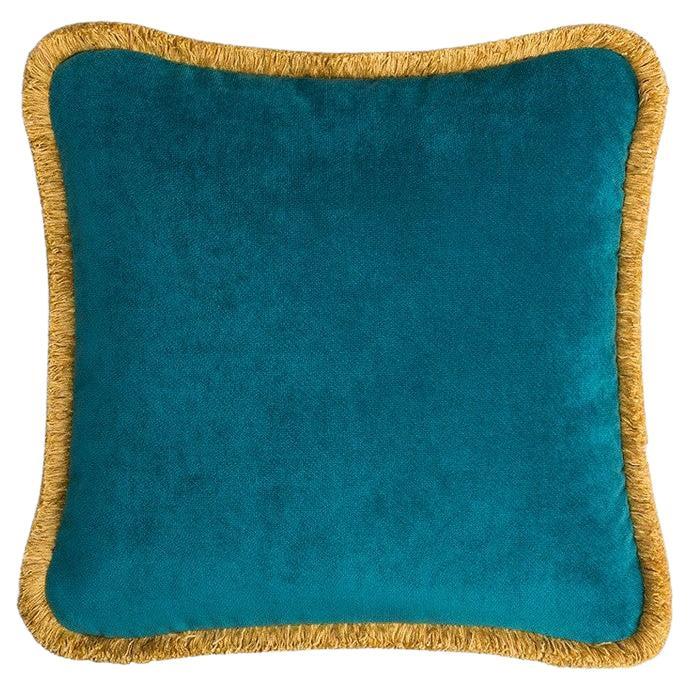 Happy Pillow Velvet Teal with Yellow Fringes