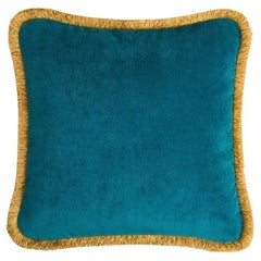 Happy Pillow Samt Teal mit gelben Fransen