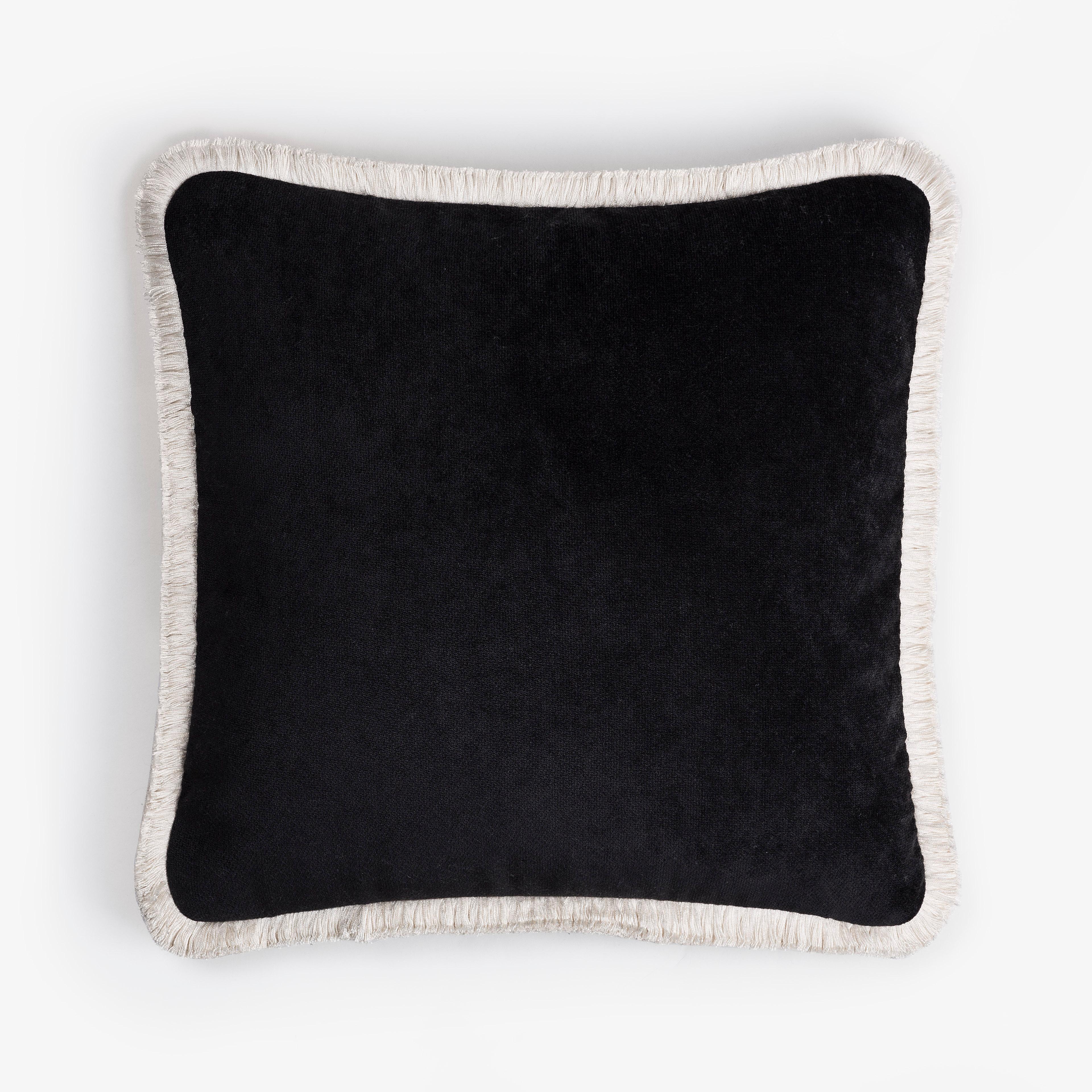Modern Happy Pillow White Velvet with Black Fringes  For Sale