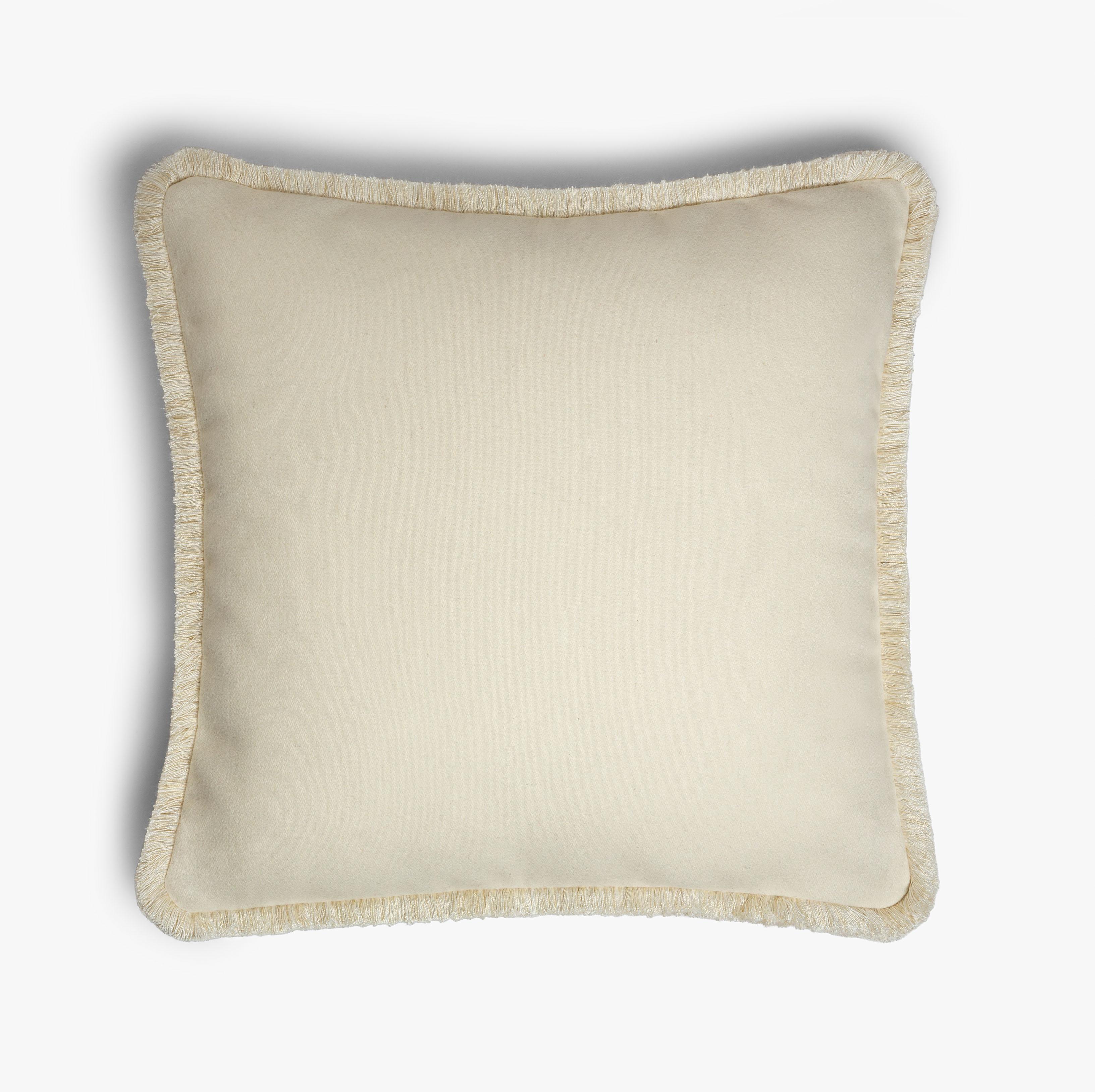 Happy Pillow White Velvet with Black Fringes  For Sale 1
