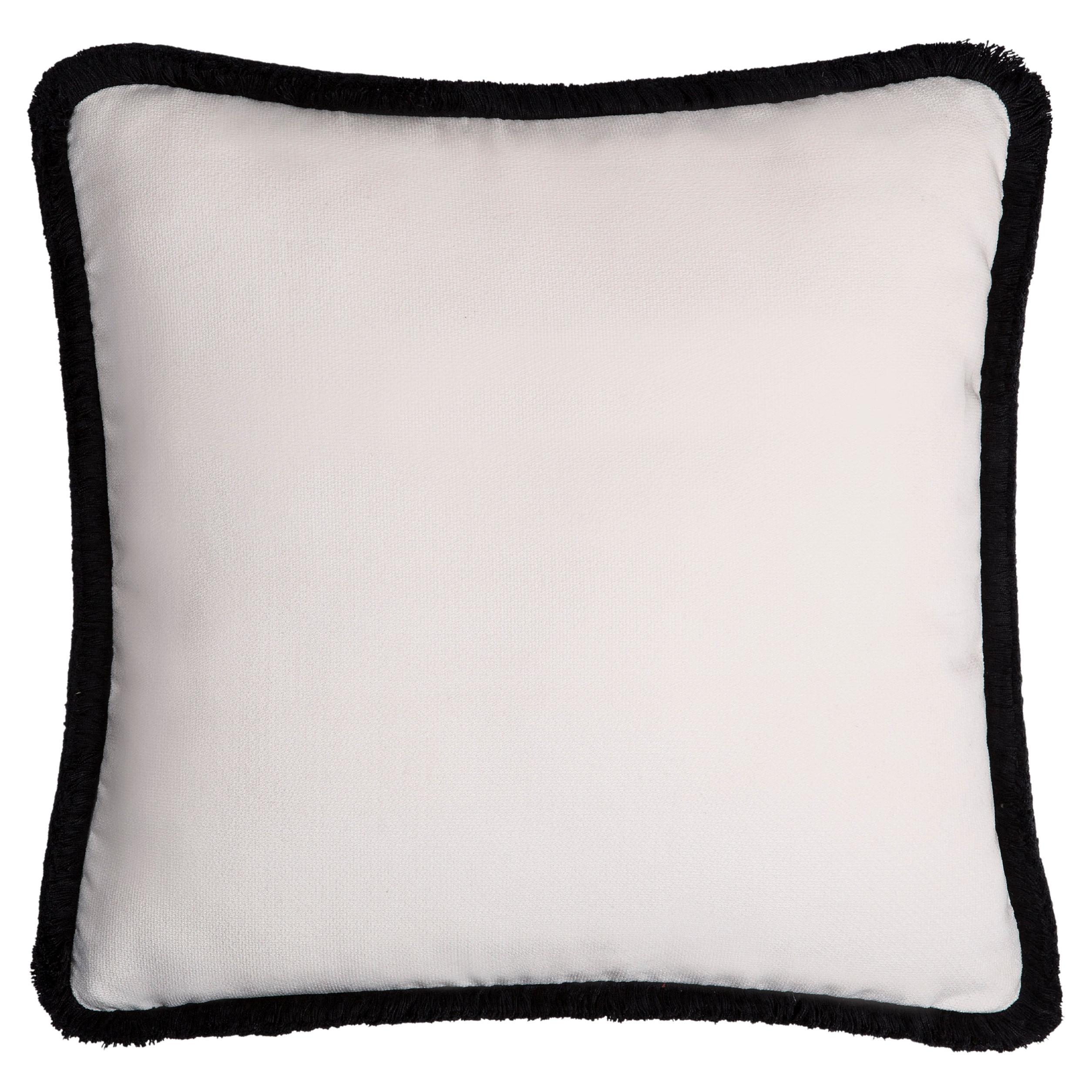 Happy Pillow White Velvet with Black Fringes  For Sale