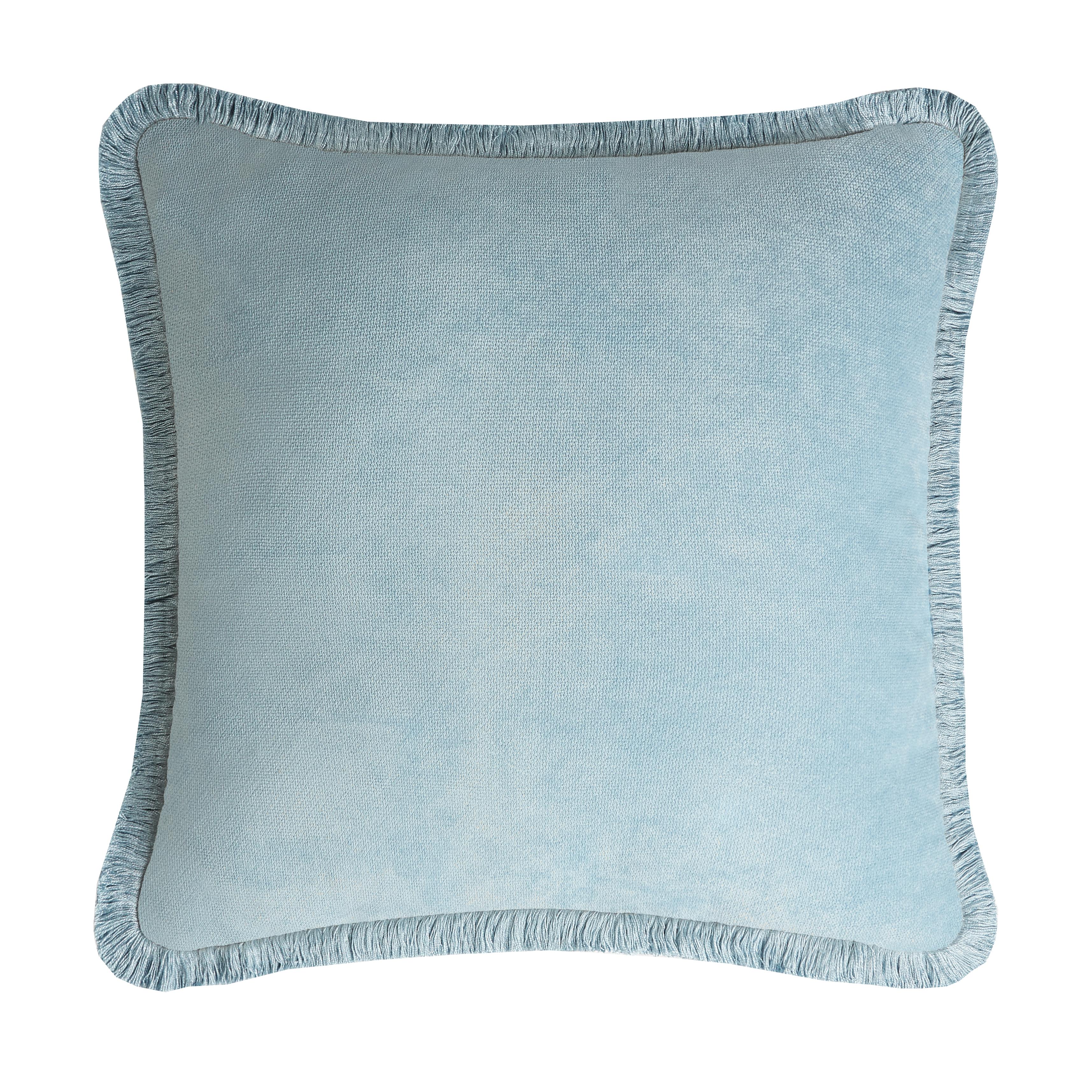 Modern Happy Pillow White Velvet with Light Blue Fringes  For Sale