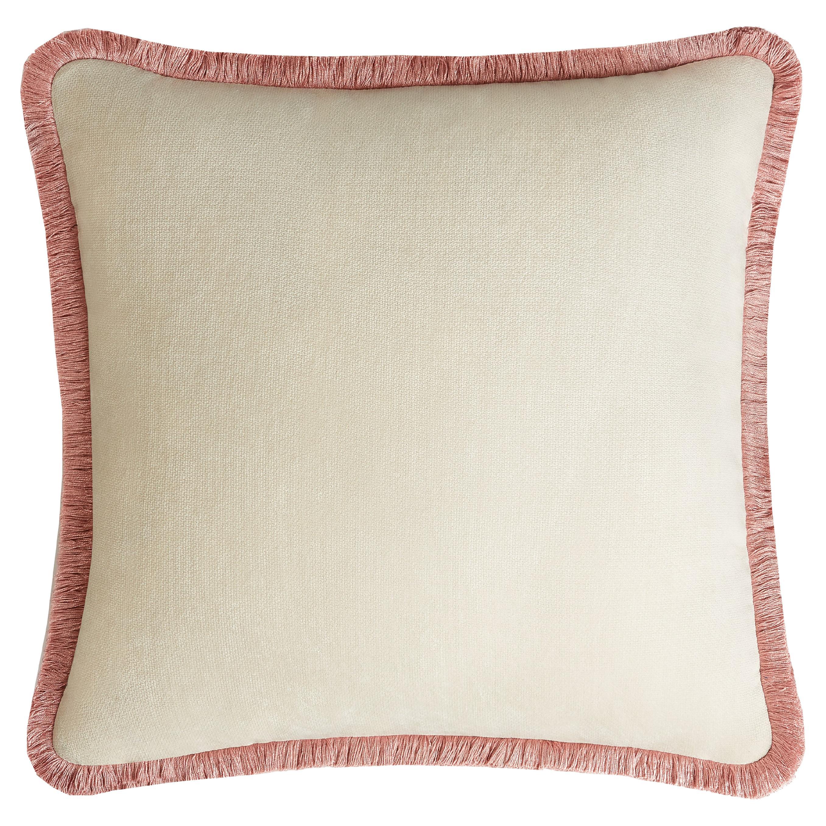 Happy Pillow White Velvet with Light Pink Fringes  For Sale