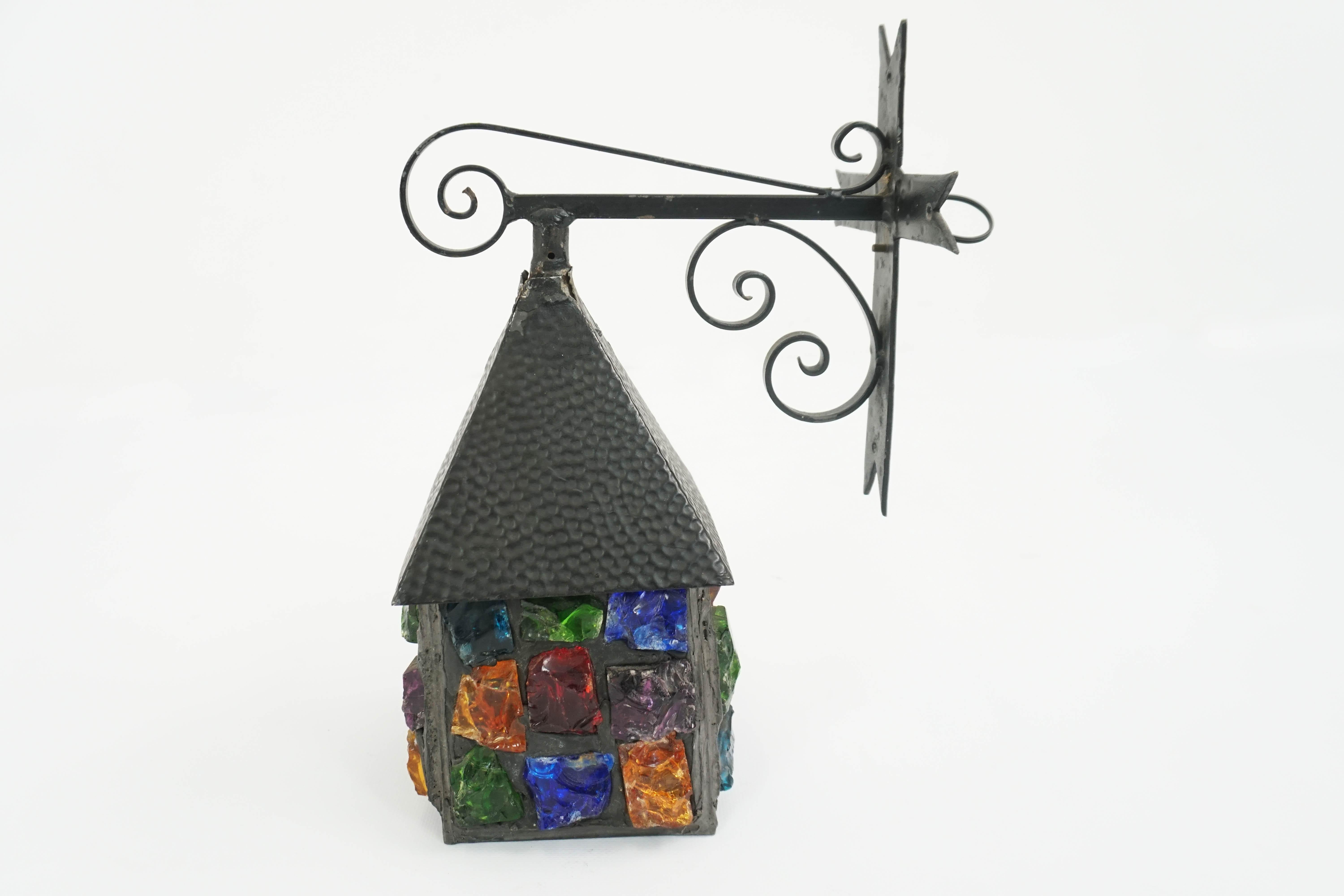 Mid-Century Modern Happy Small House Colored Glass Outdoor Lantern, 1960