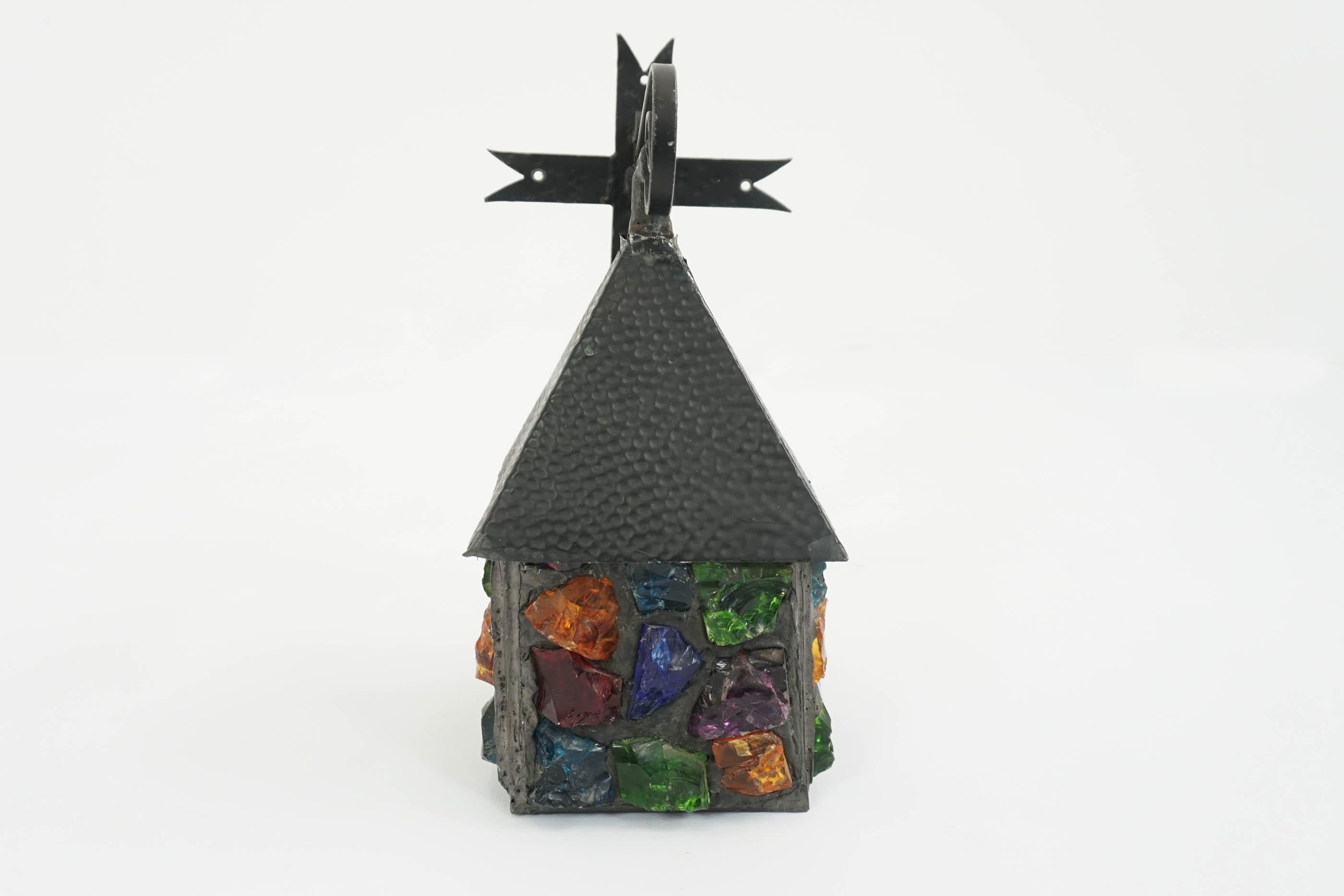 French Happy Small House Colored Glass Outdoor Lantern, 1960
