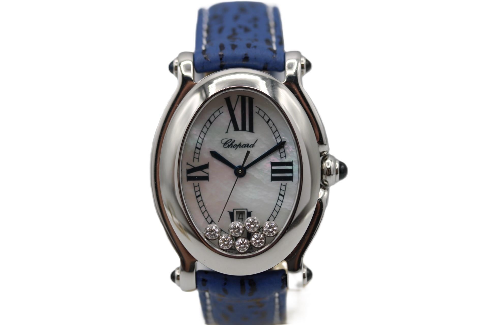 This Chopard has it all, Box, Papers, Signed new Chopard strap, 7 diamond version and mother or pearl dial. The Chopard Happy Sport 27/8937-23 is quite a statement piece.


Stainless steel case measuring around 34mm x 30mm. Beautiful Mother of Pearl