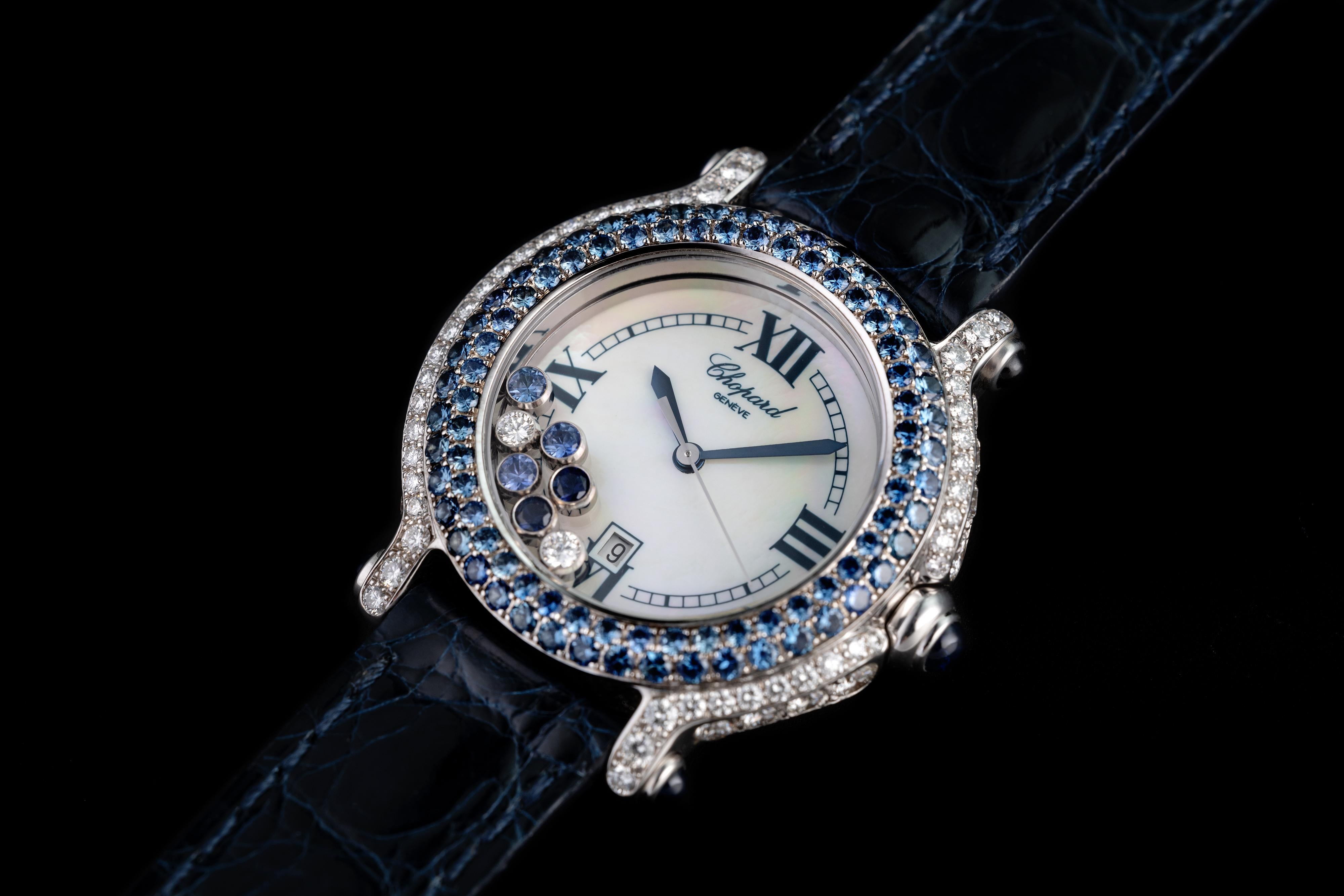 Taille brillant Montre Happy Sport saphir et diamant en vente