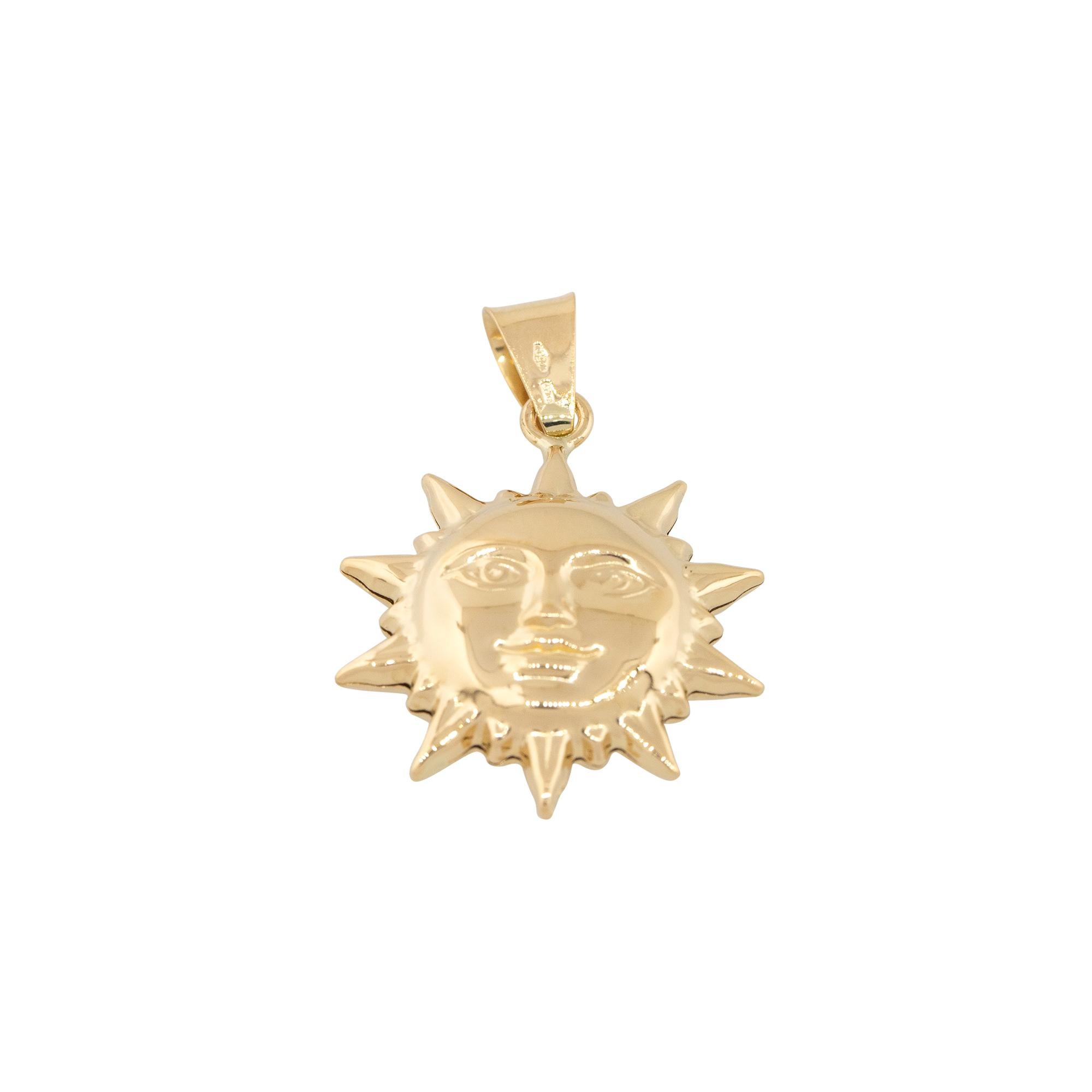 18k Yellow Gold Happy Sun Pendant

Material: 18k Yellow Gold
Item Weight: 2.6g (1.7dwt)
Item Dimensions: 21.53mm x 7.78mm x 22.39mm
Additional Details: This item also comes with a presentation box!
SKU: G12855