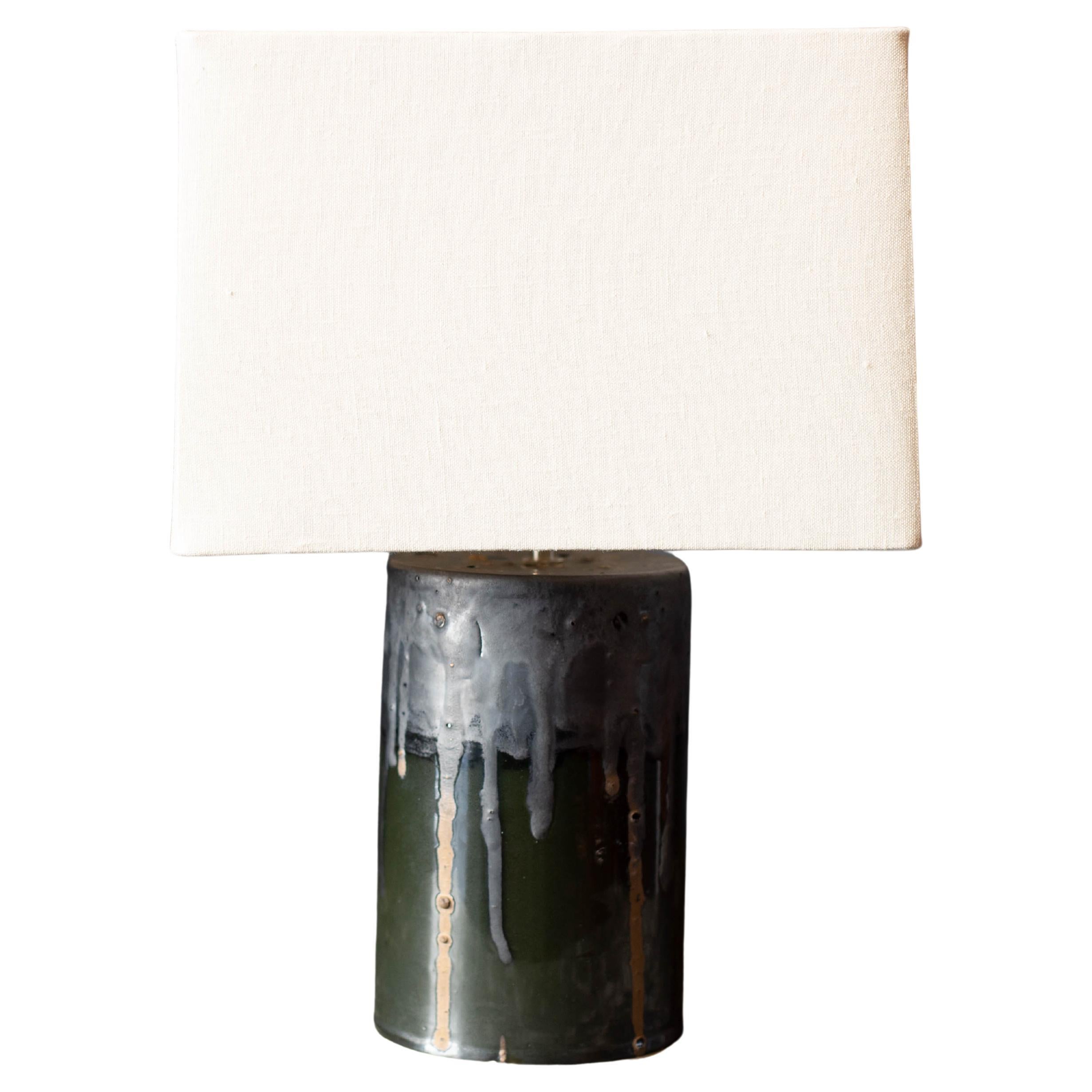 Happy Tears "Drip" Table Lamp, Molten, Metallic Glaze on Stoneware, Linen Shade