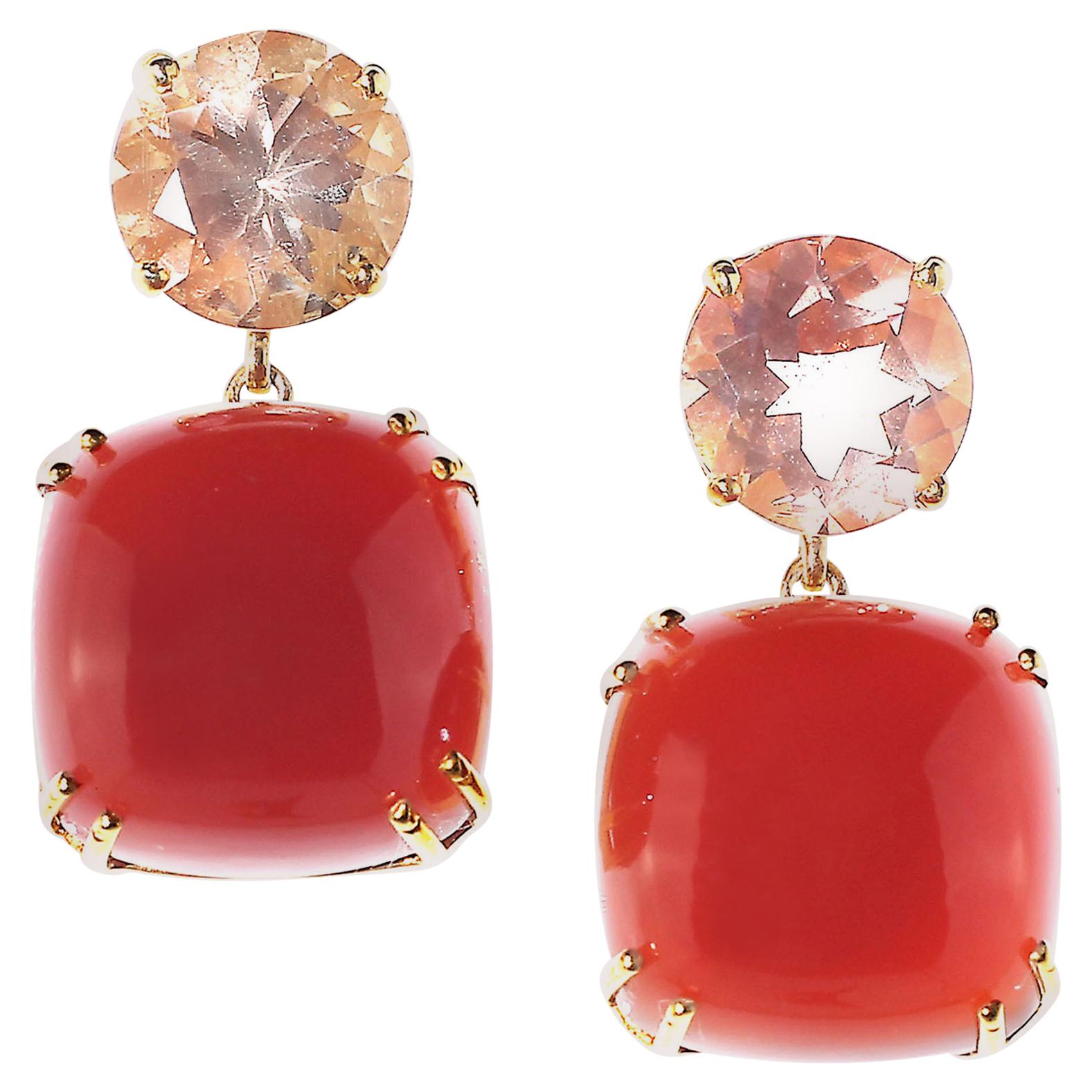 Your new 'happy time' earrings!  These sophisticated and elegant earrings are just what you've been looking for.  Glowing squarish Carnelian cabochons dangling from sparkling round Sunstones.  These gemstones are set in handmade gold rhodium over