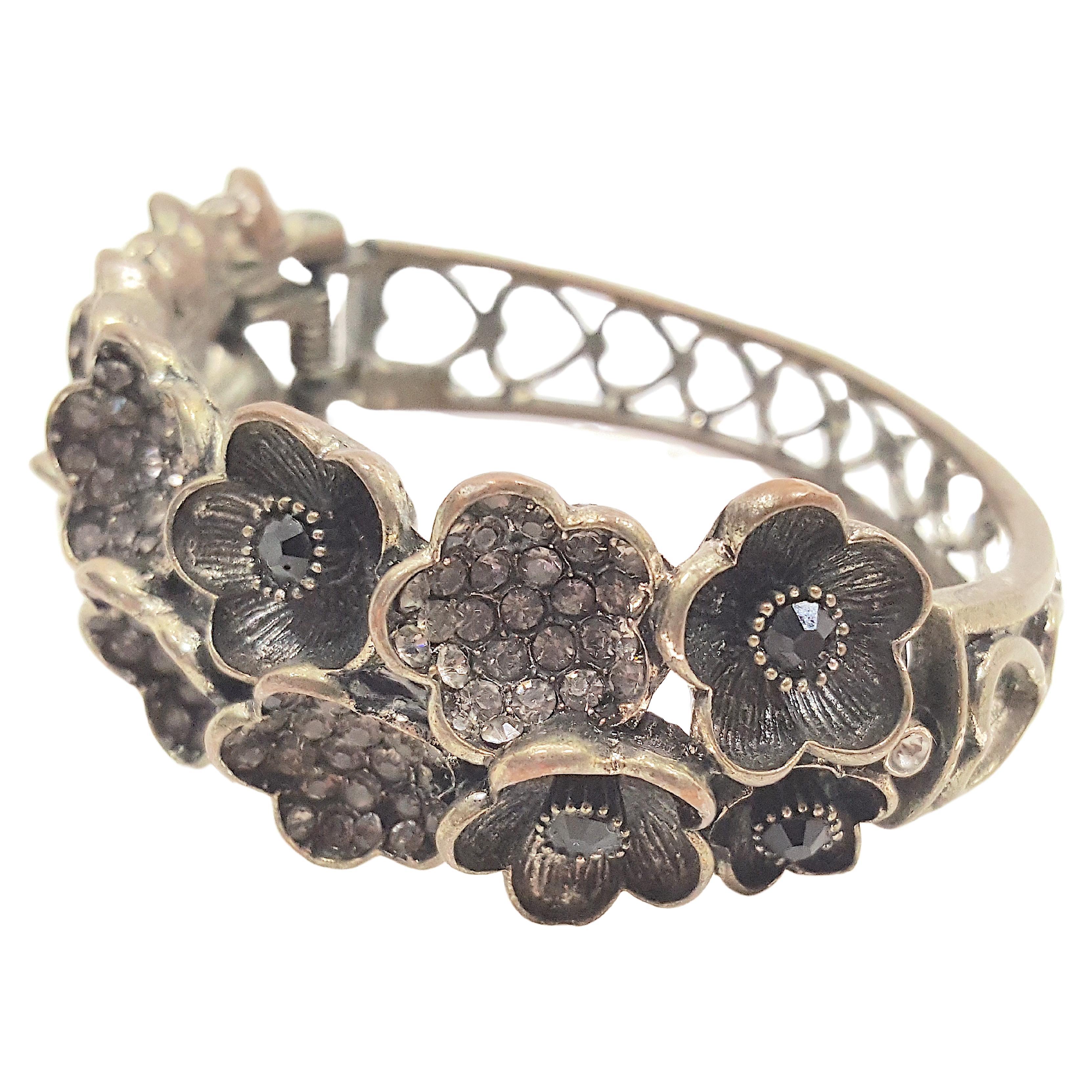 Victorian HAR 1950s BezelSet&PaveCrystal Enameled CastSilver Flowers&Hearts Bracelet For Sale