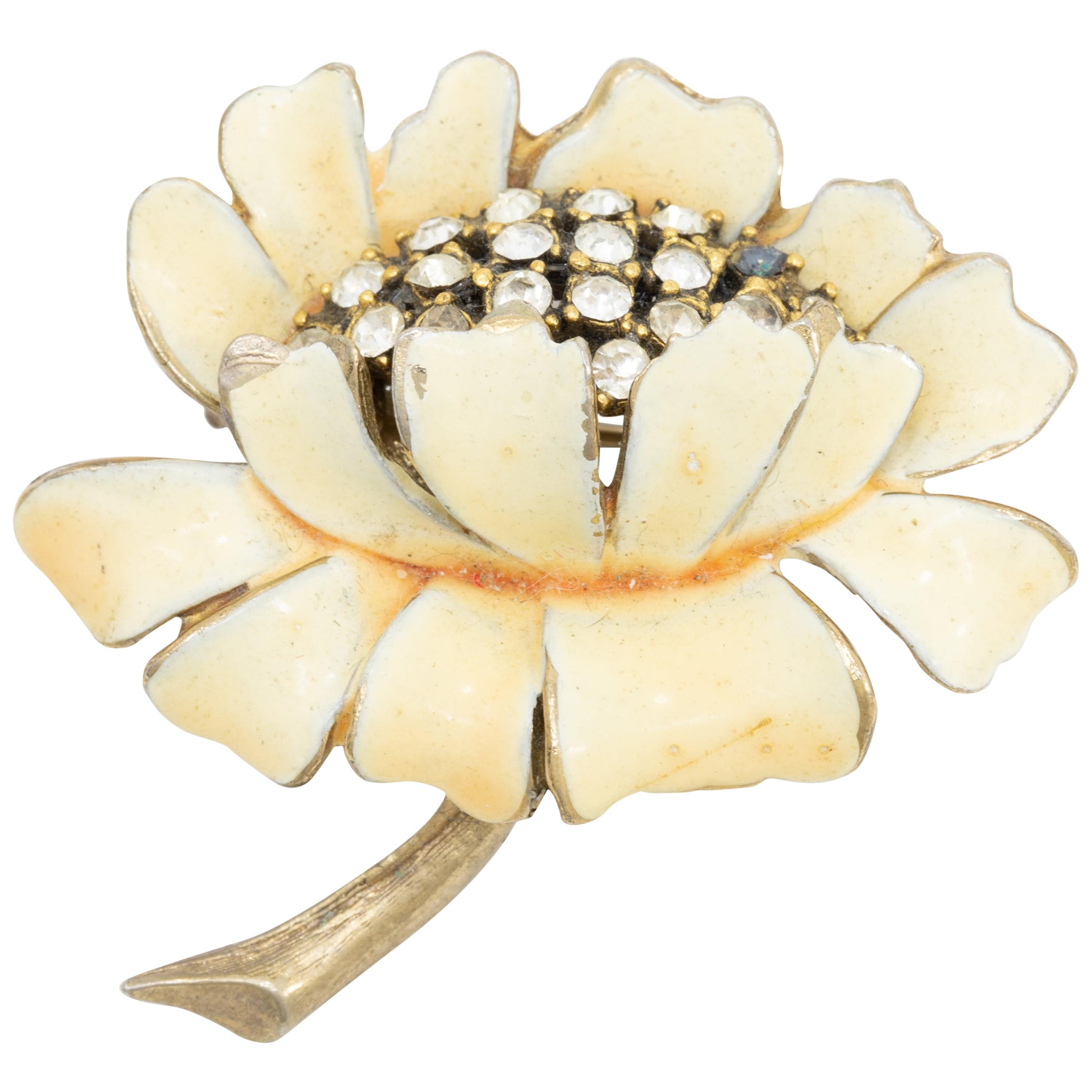 HAR Crystal and Cream Enamel Flower Pin Brooch, Hargo Creations New York, 1960s For Sale