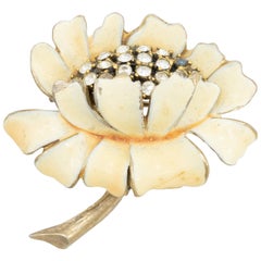 Vintage HAR Crystal and Cream Enamel Flower Pin Brooch, Hargo Creations New York, 1960s