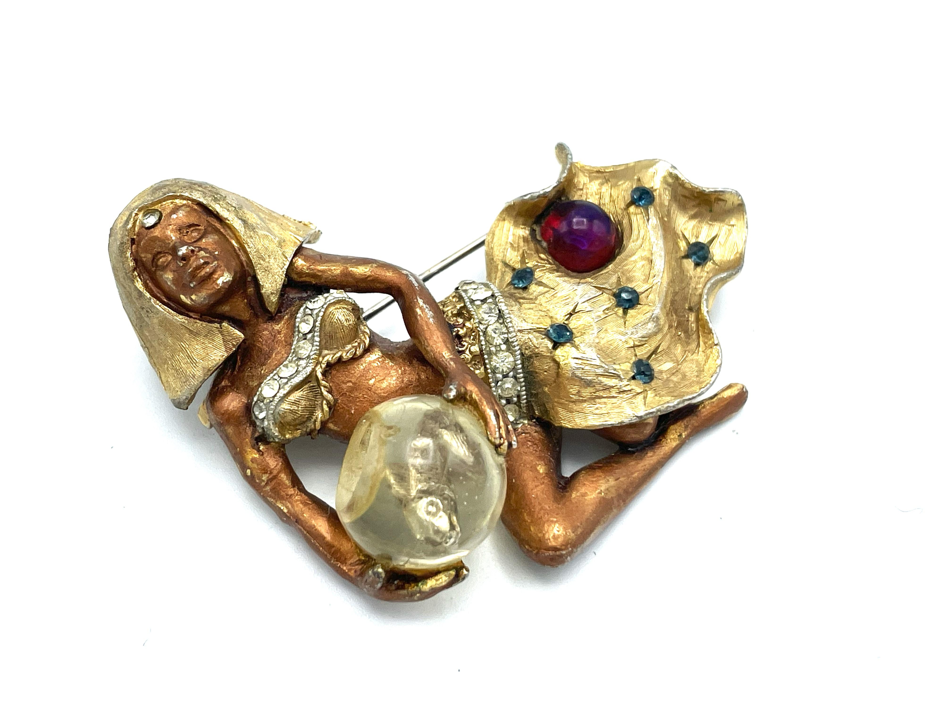 Arts and Crafts HAR rare vintage Genie Cleopatra Harem girl brooch with the fish bowl, 1960 U.S For Sale
