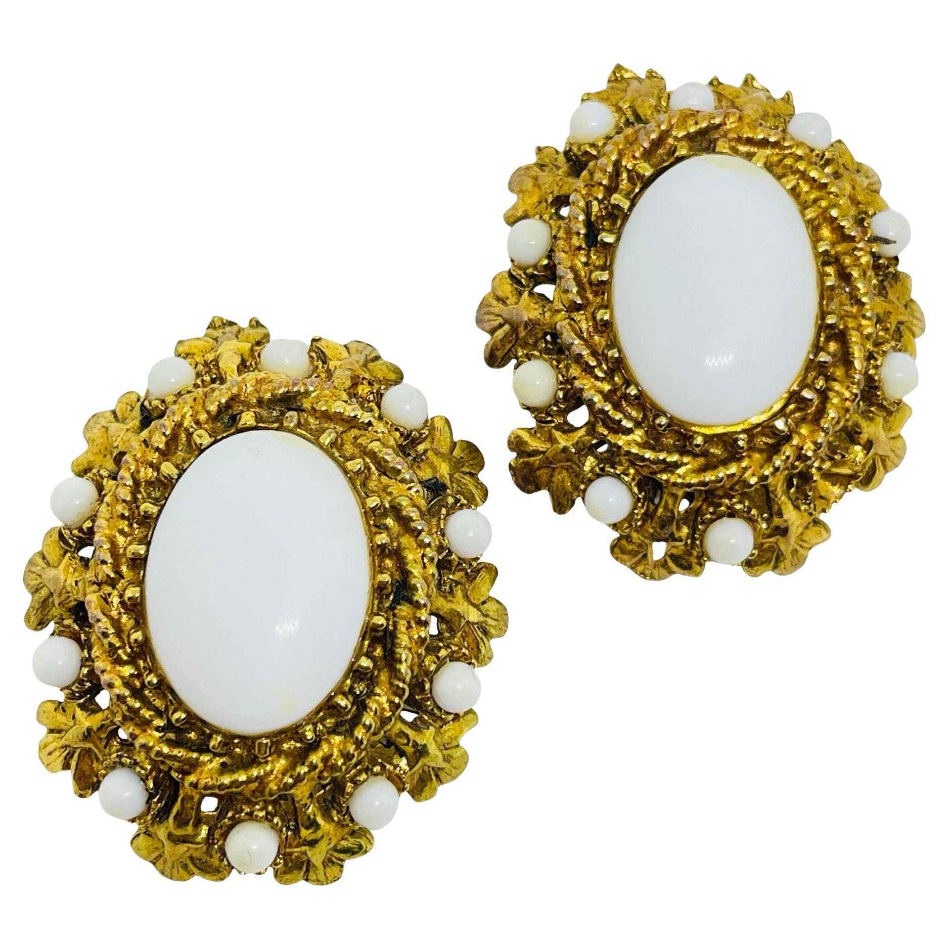 HAR signed vintage gold tone white milk glass cabochons designer clip earrings