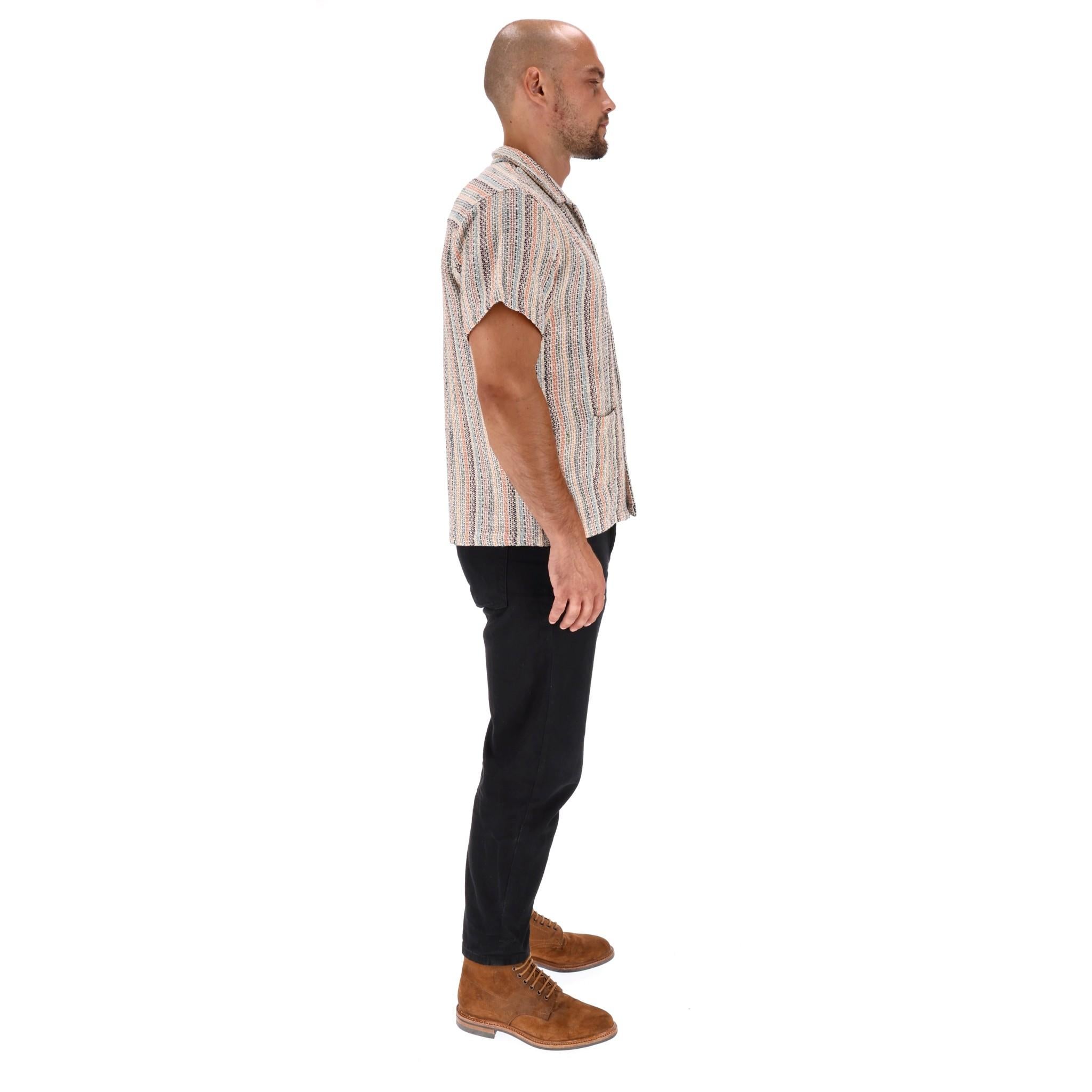Beige Camicia Harago in cotone intrecciato a righe in vendita